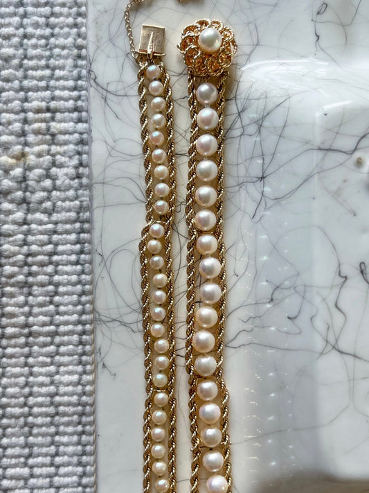Various Vintage Pearl and Rope Chain 14k Yellow Gold Bracelets