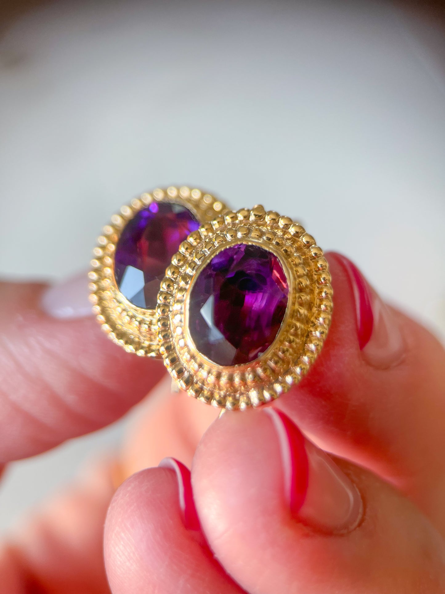 Vintage Natural Oval Amethyst 14k Yellow Gold Earrings, circa 1980s