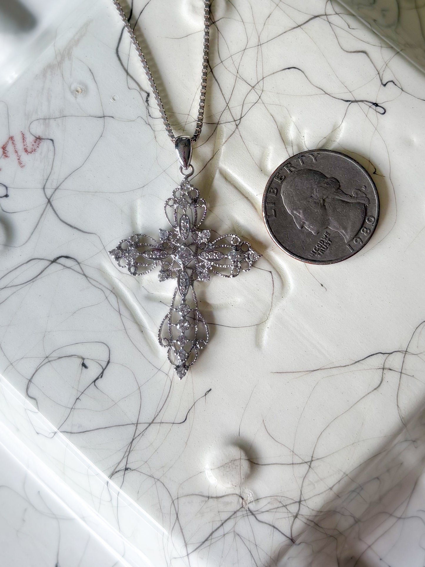 Vintage Natural Diamond Large 14k White Gold Cross Charm