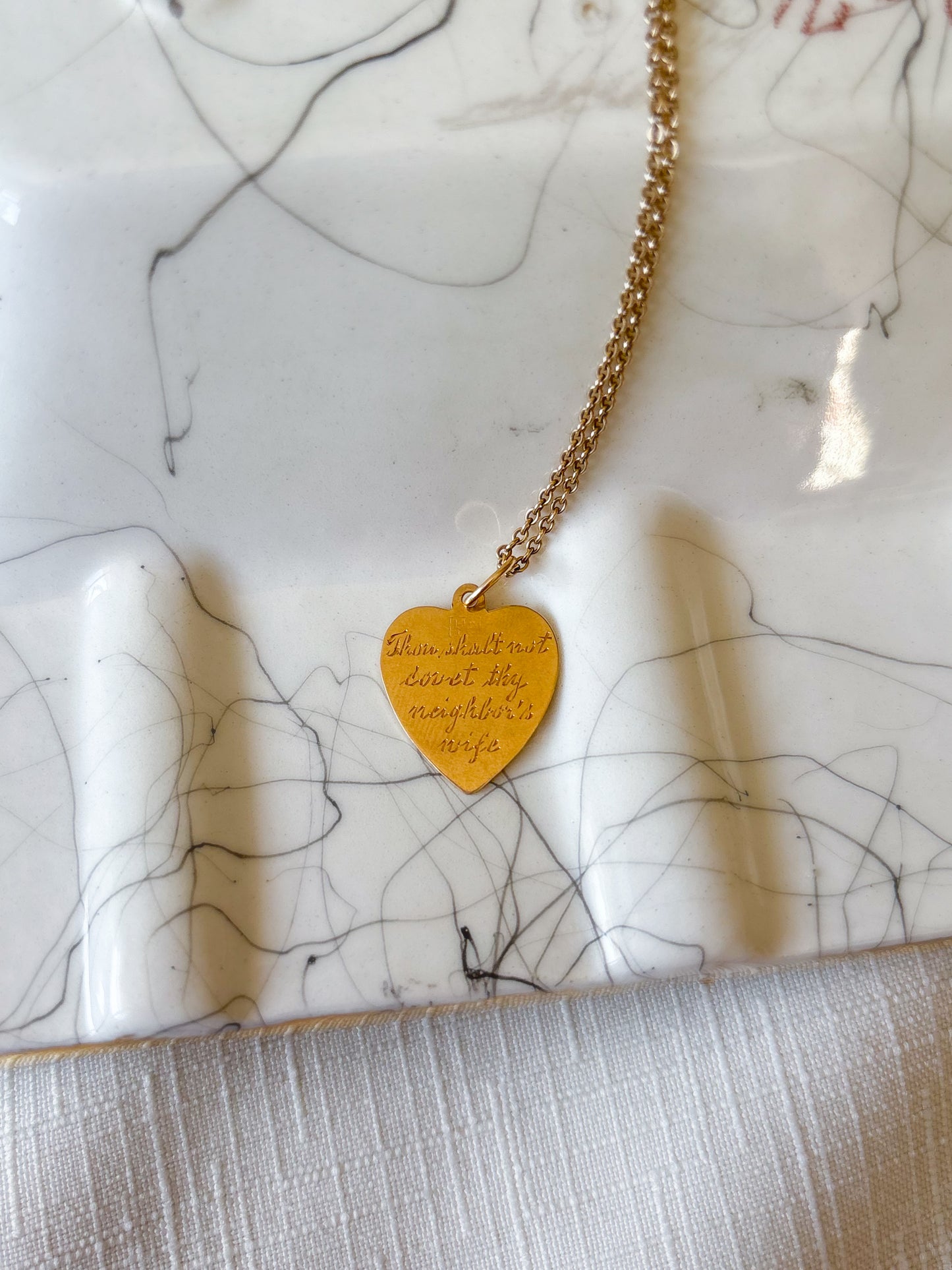 Vintage Engine Turned Heart 14k Yellow Gold Charm, Engraved: "Thou Shall Not Covet Thy Neighbor's Wife"