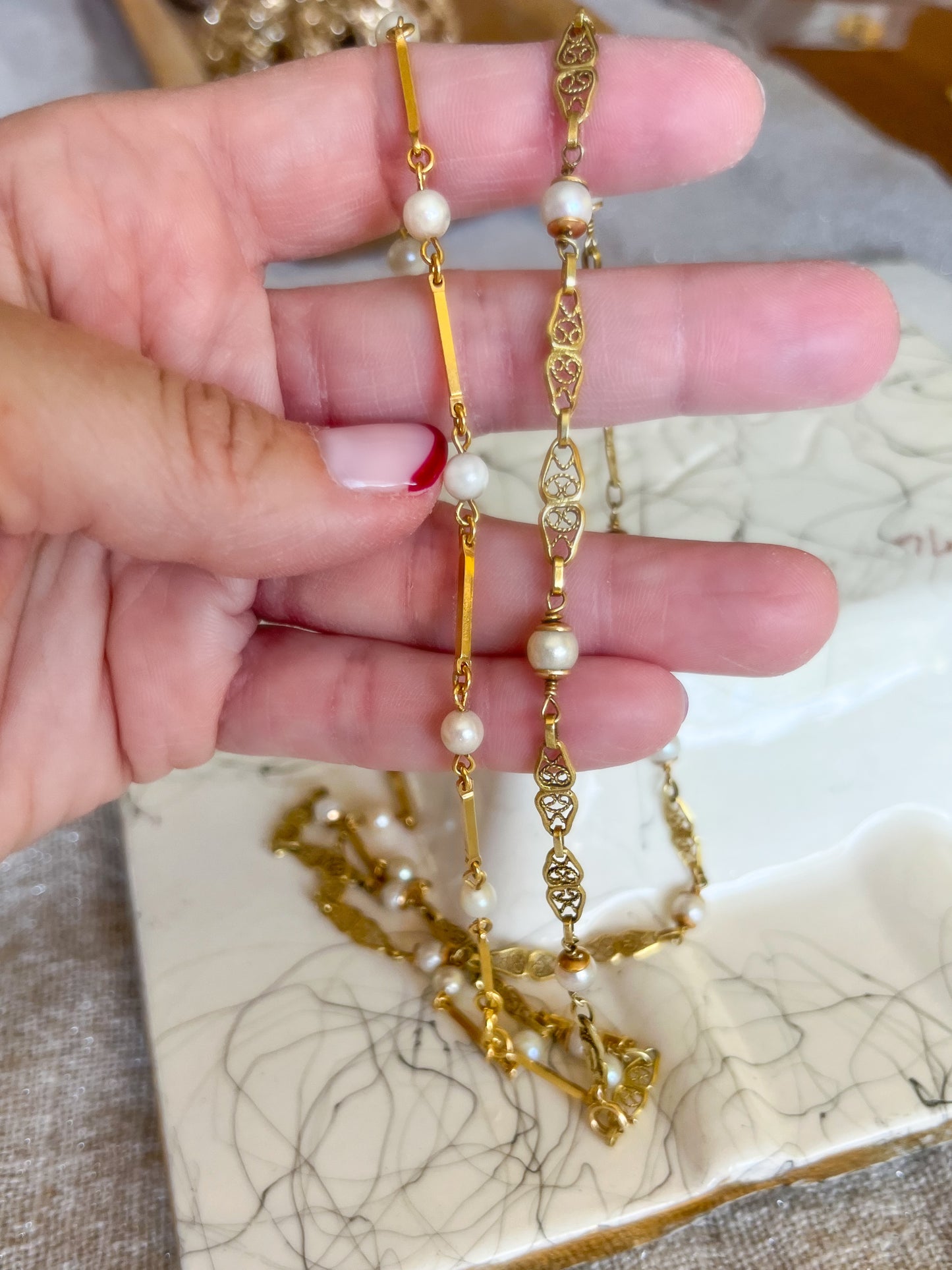 Vintage Pearl and Chain Necklaces in 14k and 18k Yellow Gold