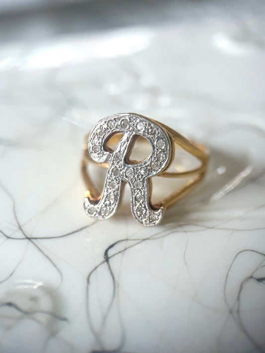 Vintage Natural Diamond Letter "R" 14k Yellow Gold Ring