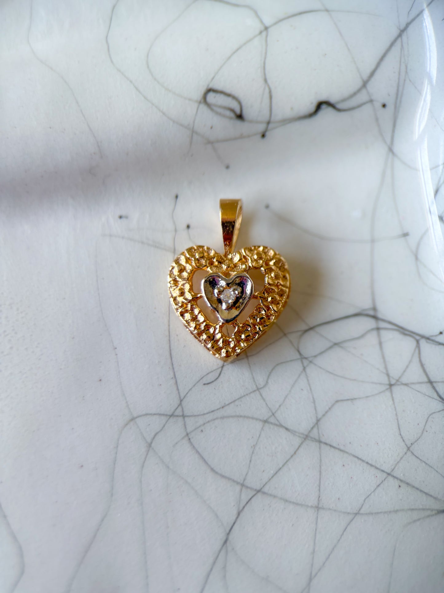 Vintage Nugget Heart with Natural Diamond 14k Yellow Gold Charm