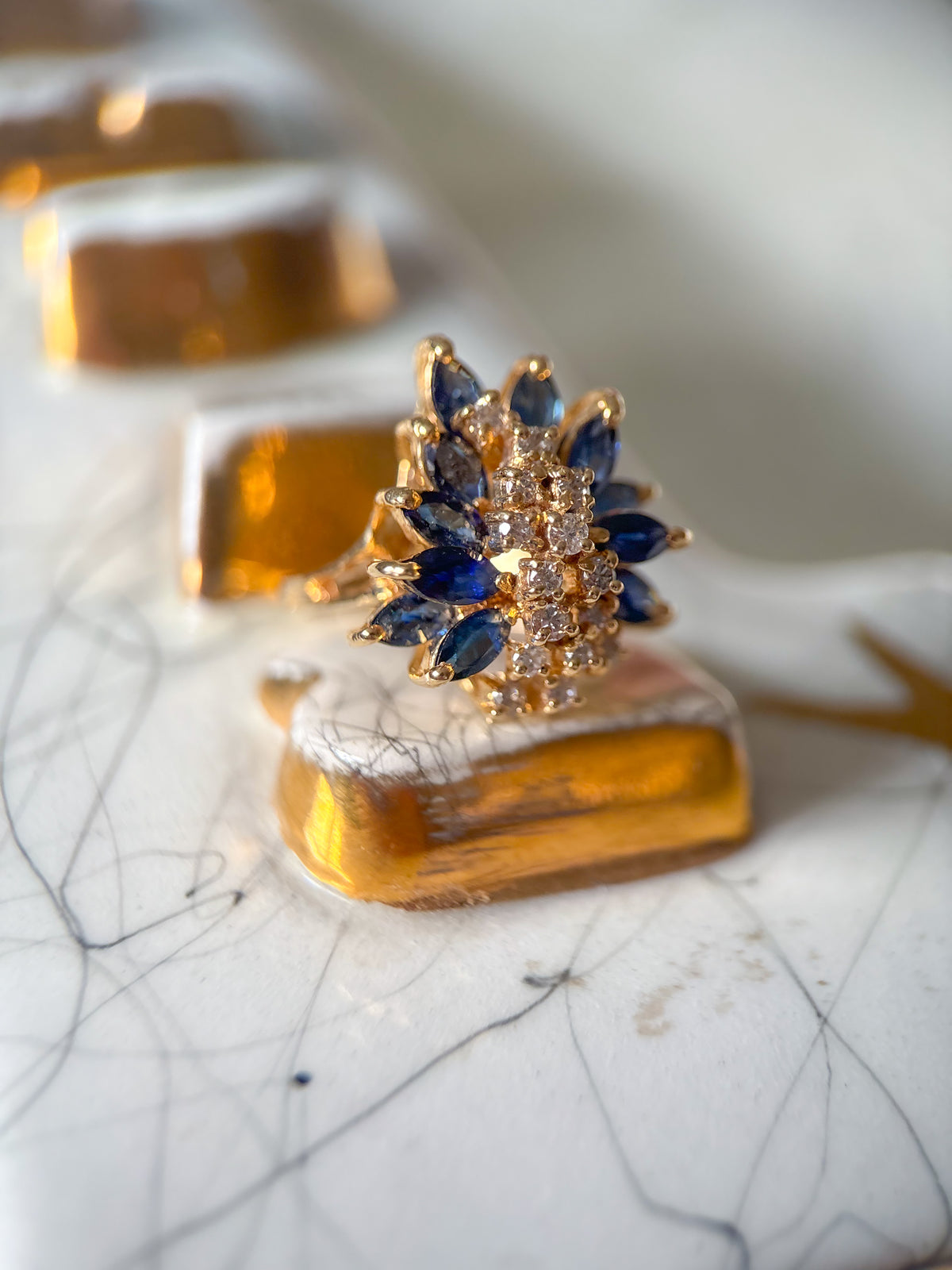 Vintage Natural Sapphire and Diamond Cluster 14k Yellow Gold Ring