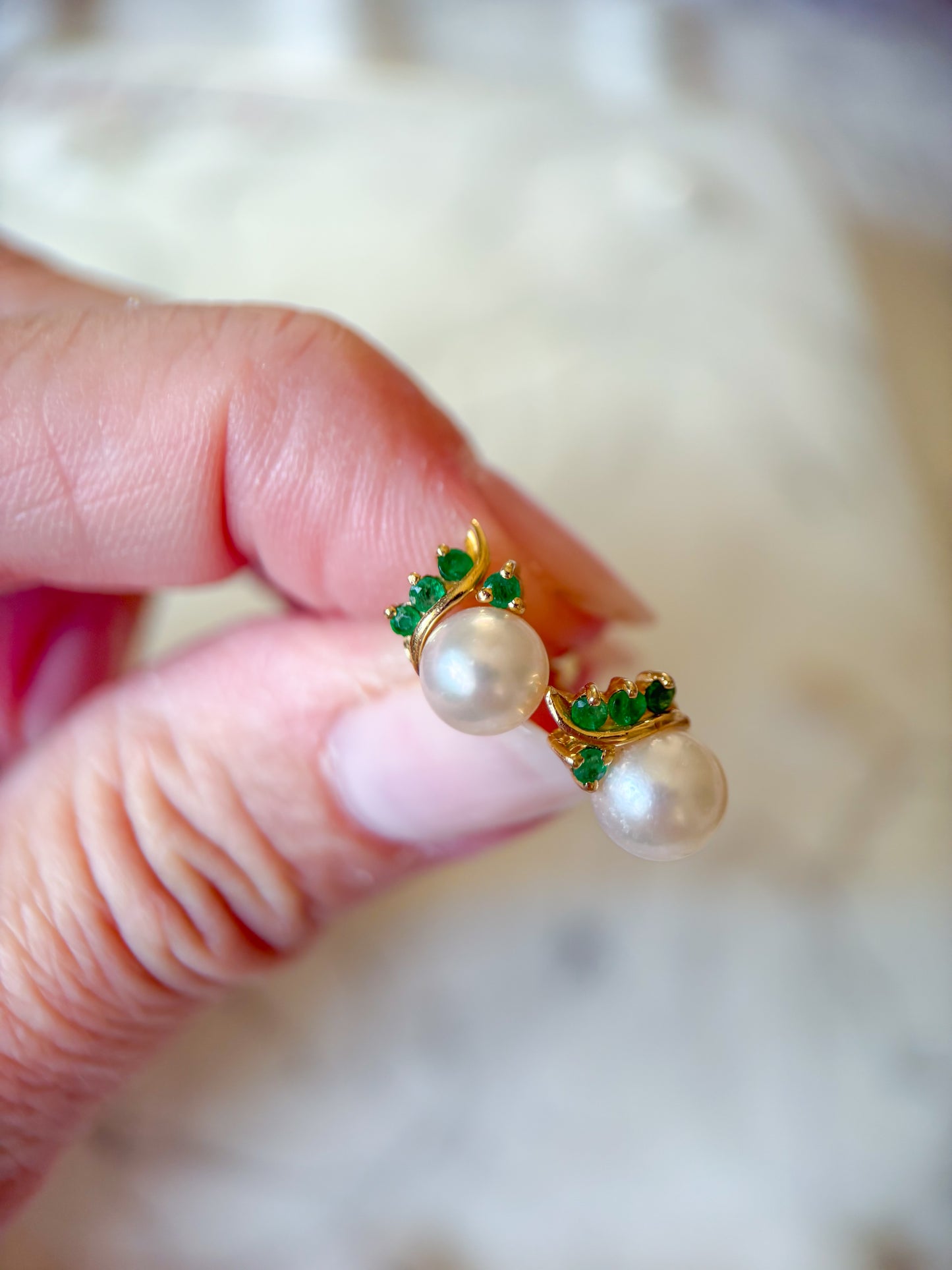 Vintage Pearl Stud with Natural Emeralds 14k Yellow Gold Earrings