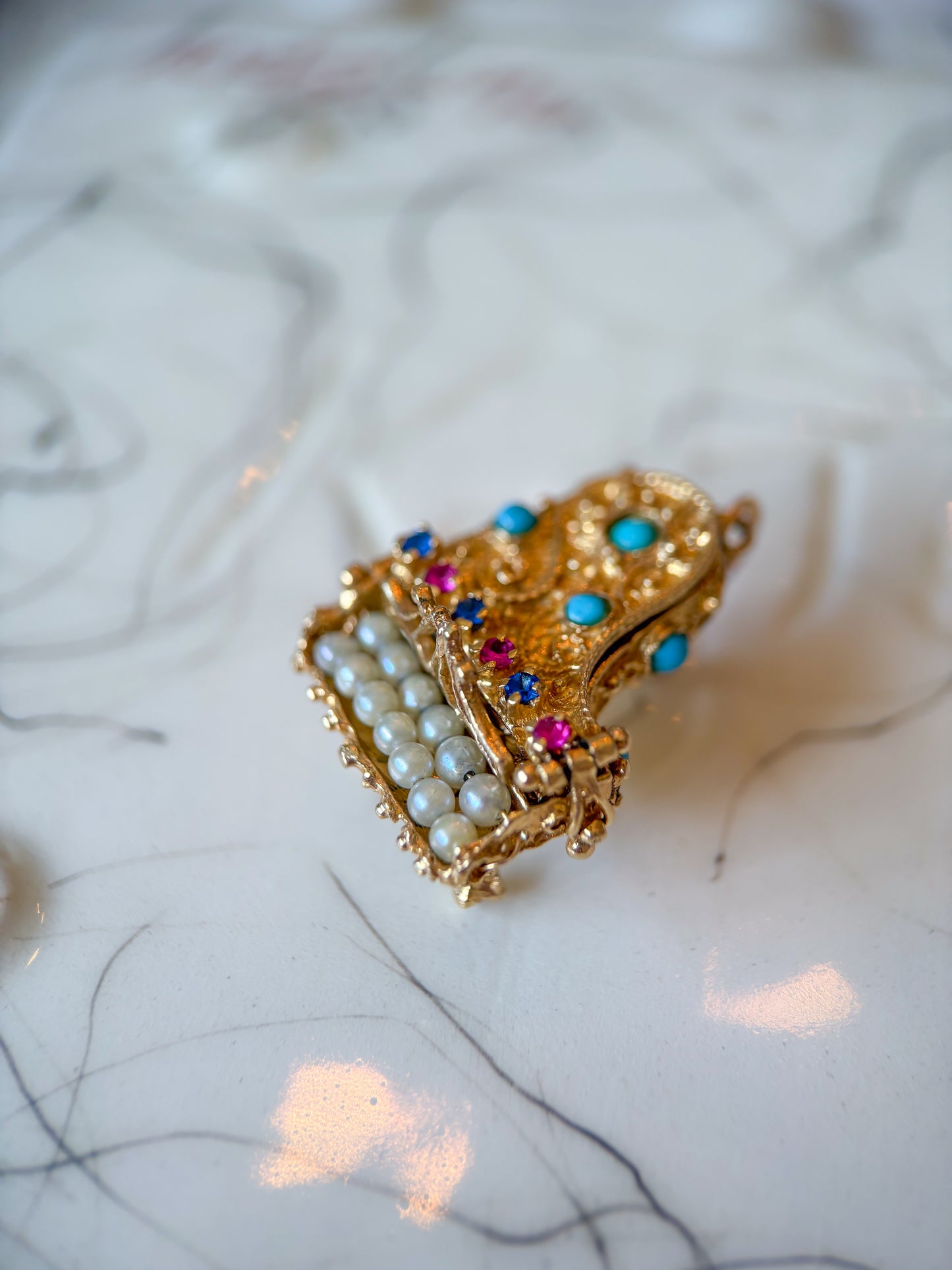 Vintage Grand Piano Charm - Ruby, Sapphire, Pearl, Turquoise and 14k Yellow Gold, circa 1950s