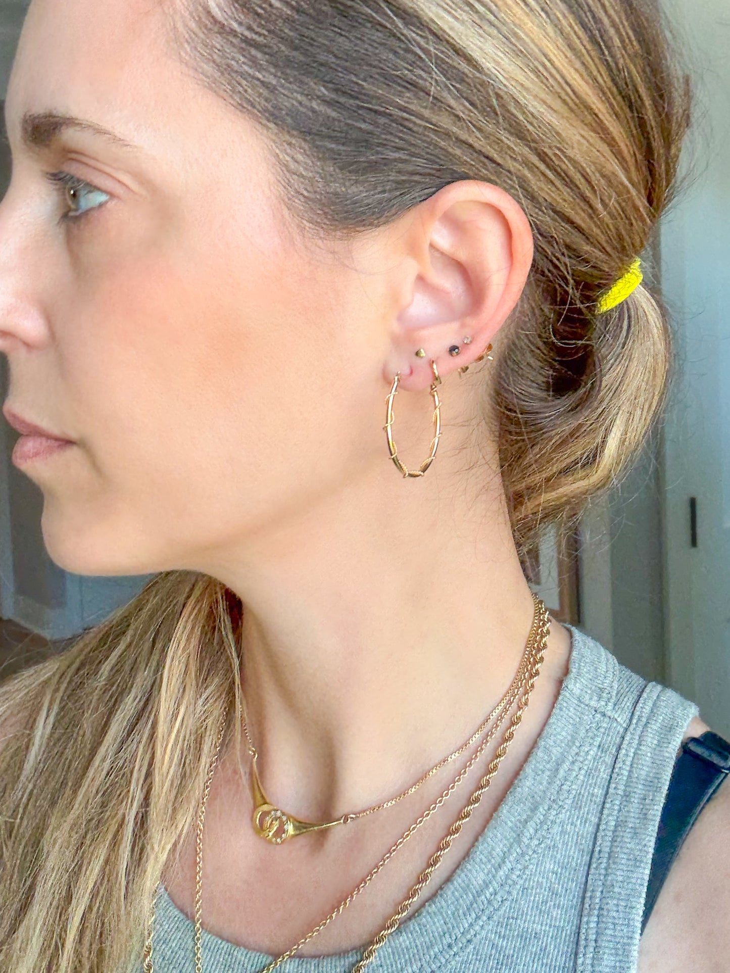 Vintage Thin Oval Hoop with Rope Detail 14k Yellow Gold Earrings