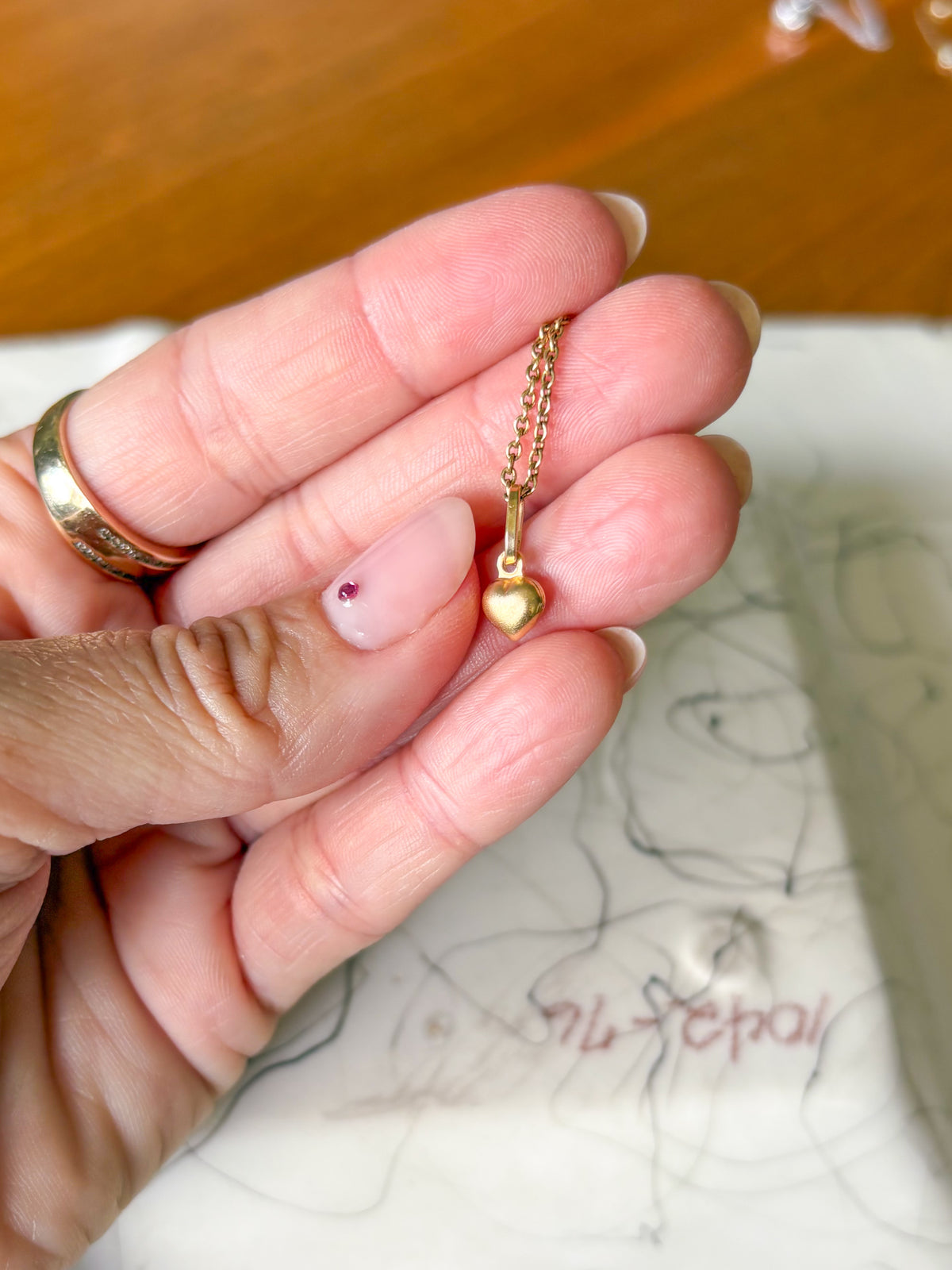 Vintage Mini Shiny and Matte Puffy Heart 14k Yellow Gold Charm