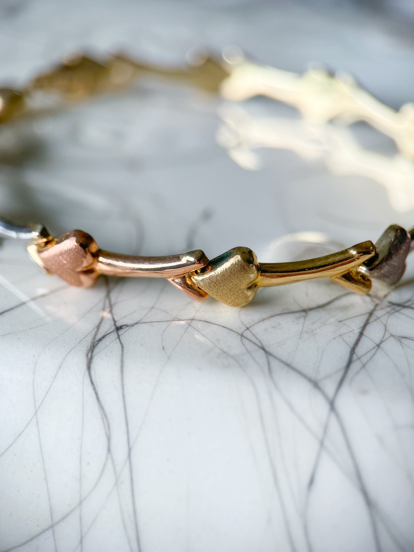 Tri Color White, Rose, Yellow Gold Heart 7.5 Inch Bracelet