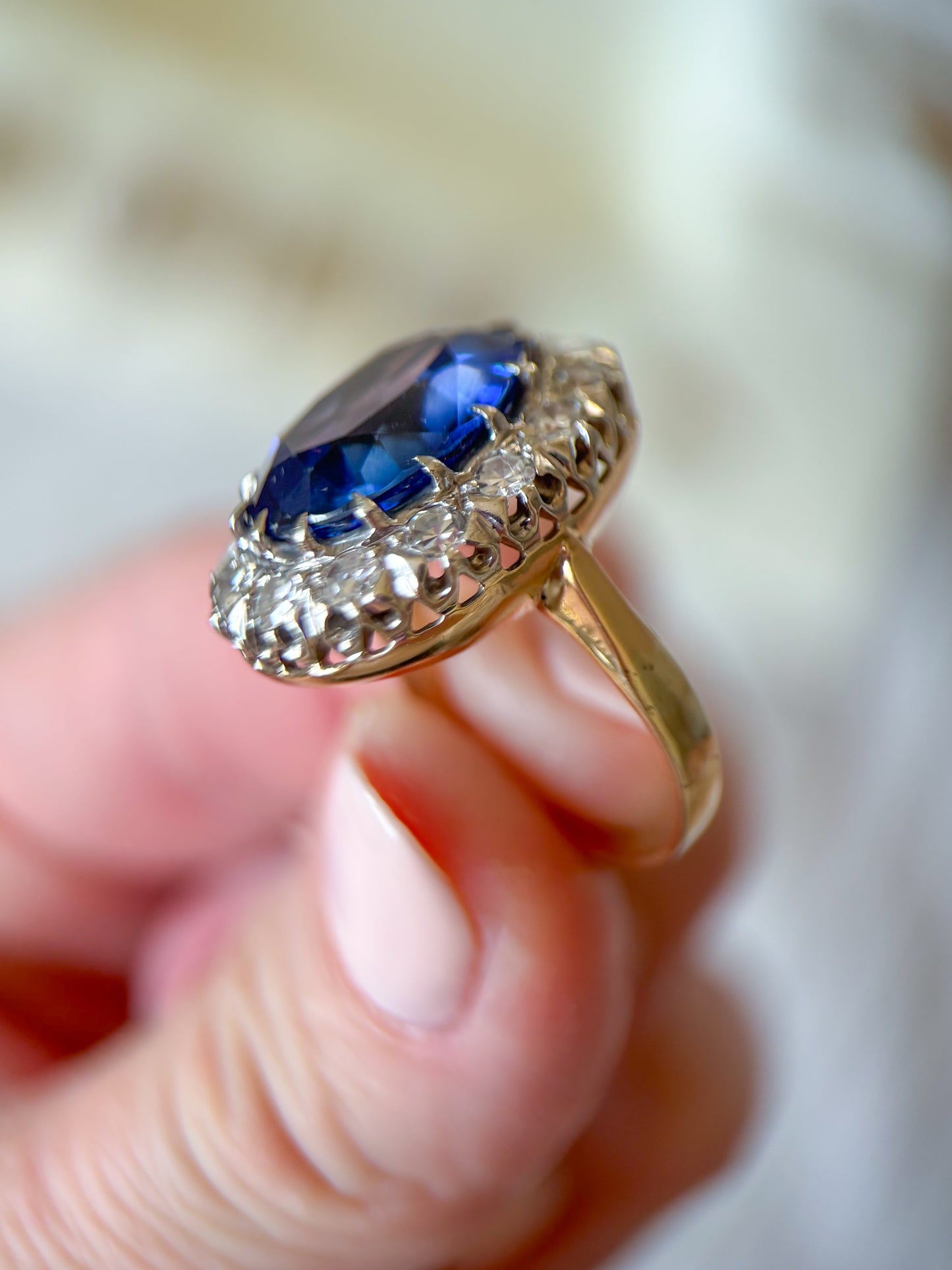 Vintage Natural Diamond and Blue Stone 10k White Gold Statement Ring