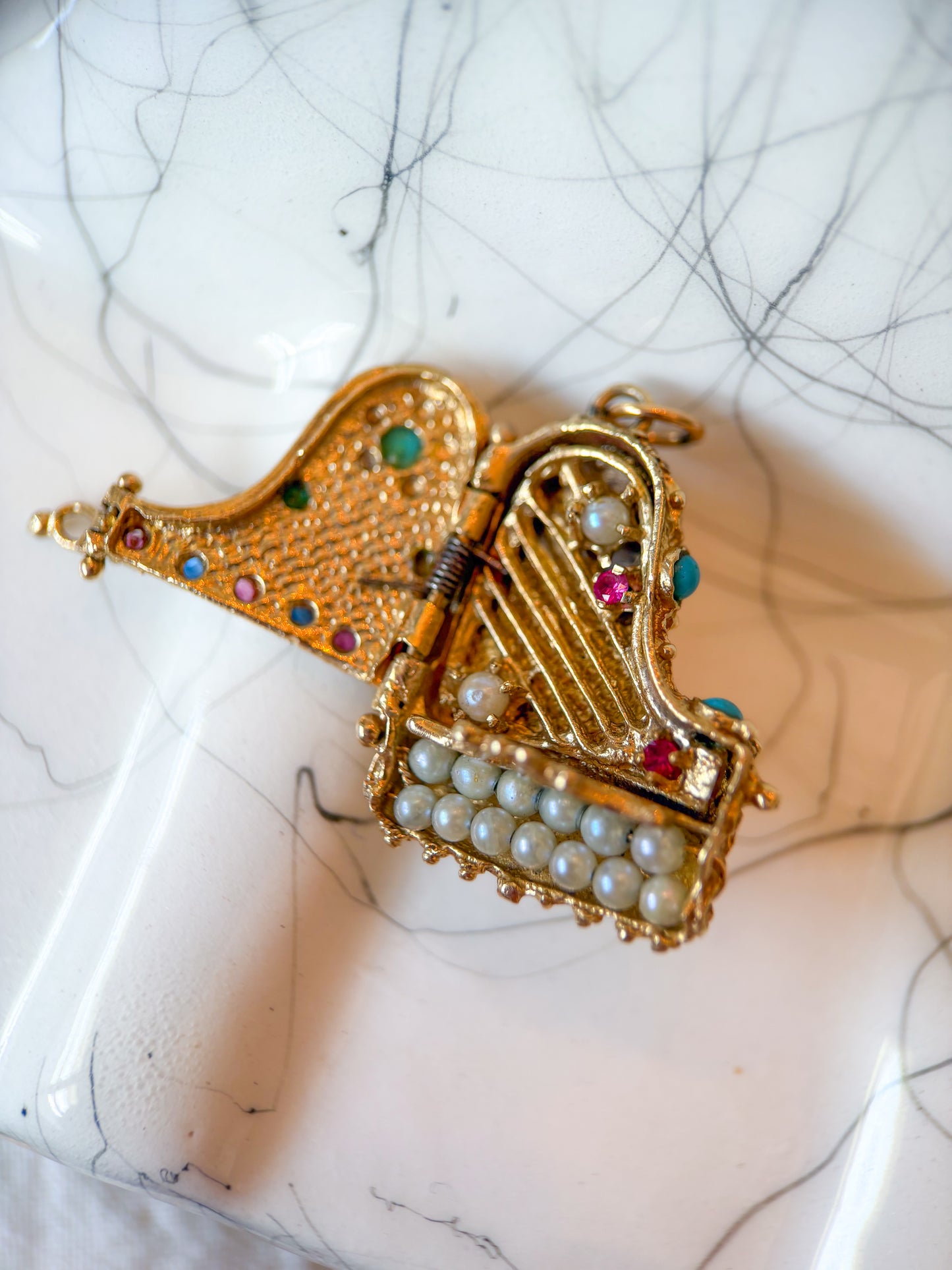 Vintage Grand Piano Charm - Ruby, Sapphire, Pearl, Turquoise and 14k Yellow Gold, circa 1950s