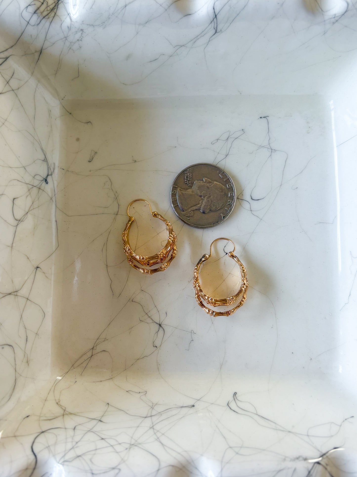 Vintage Three Hoop Bamboo Hoop 14k Yellow Gold Earrings
