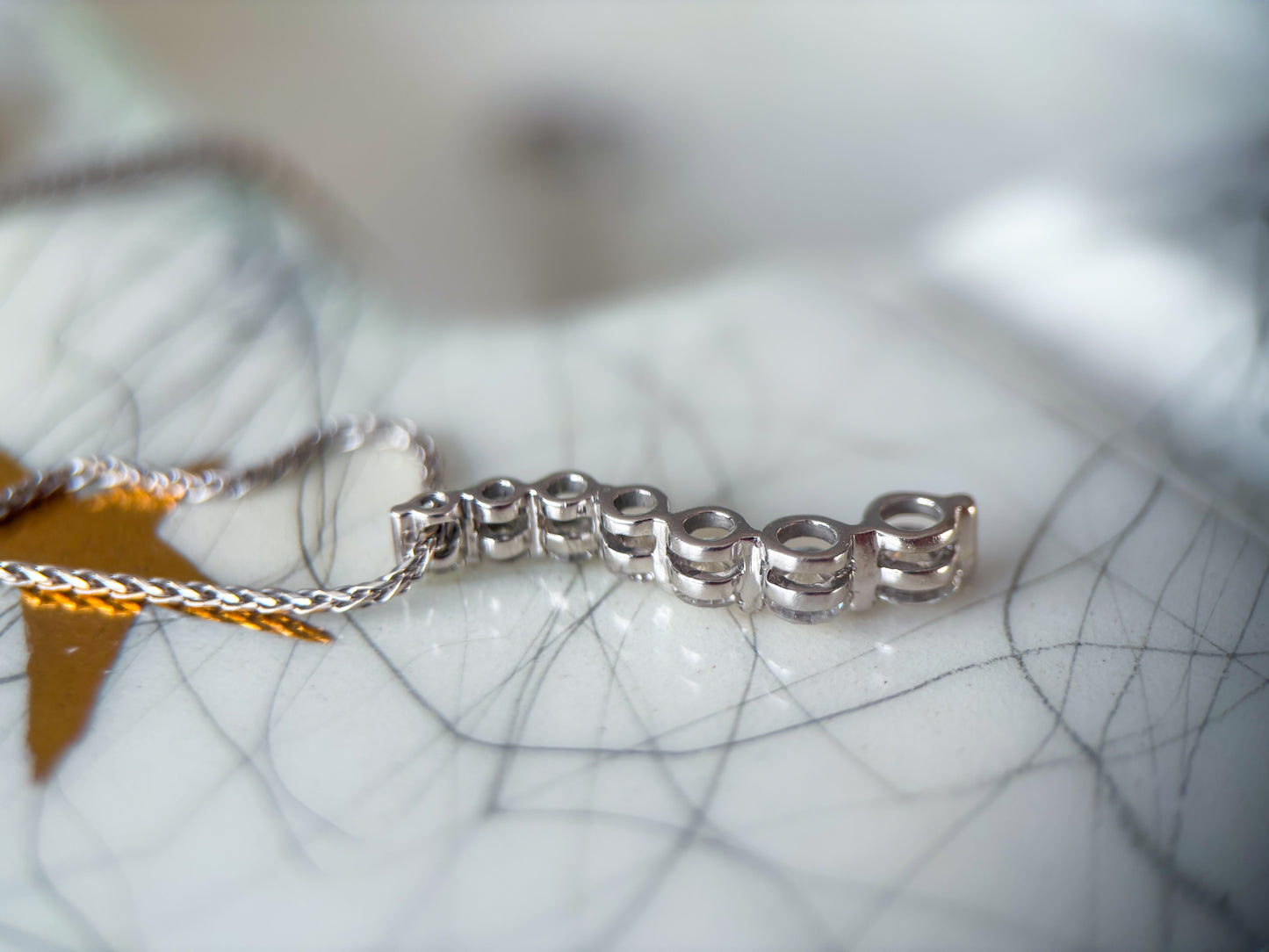 Vintage Natural Diamond 7 Stone Drop Pendant with 14k White Gold Attached 22 Inch Chain