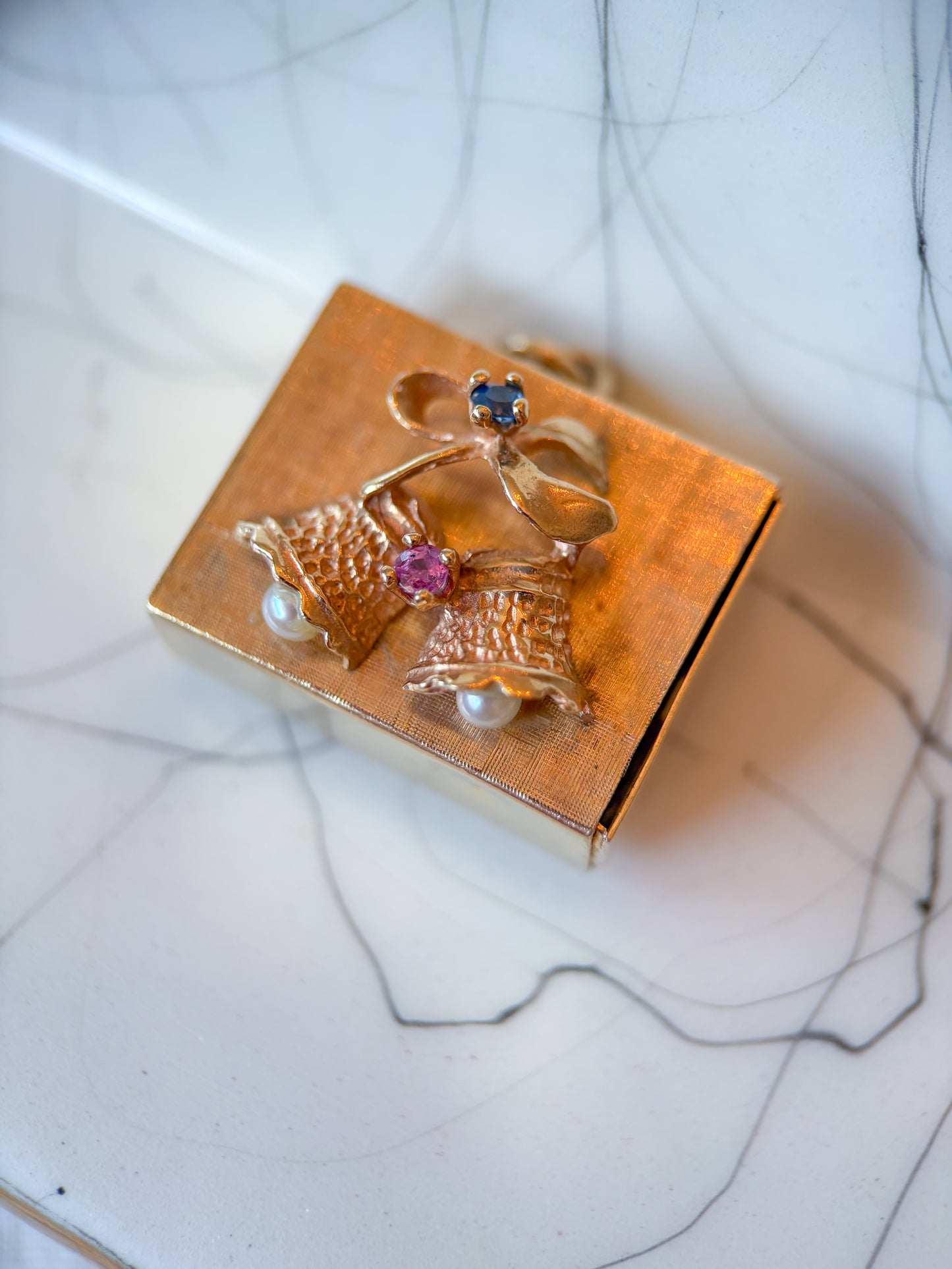 Vintage Music Box 14k Yellow Gold and Pearls Ruby and Sapphire, circa 1950s