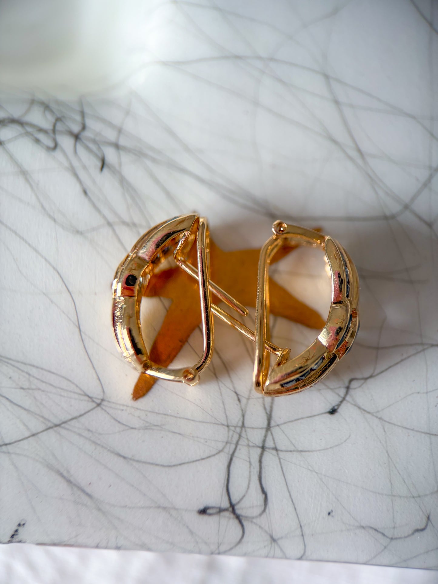 Vintage Natural Sapphire and Diamond 14k Yellow Gold Half Hoop Earrings