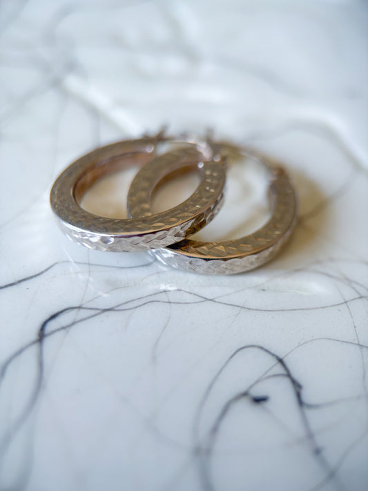 Vintage 14k White Gold Textured Hoops