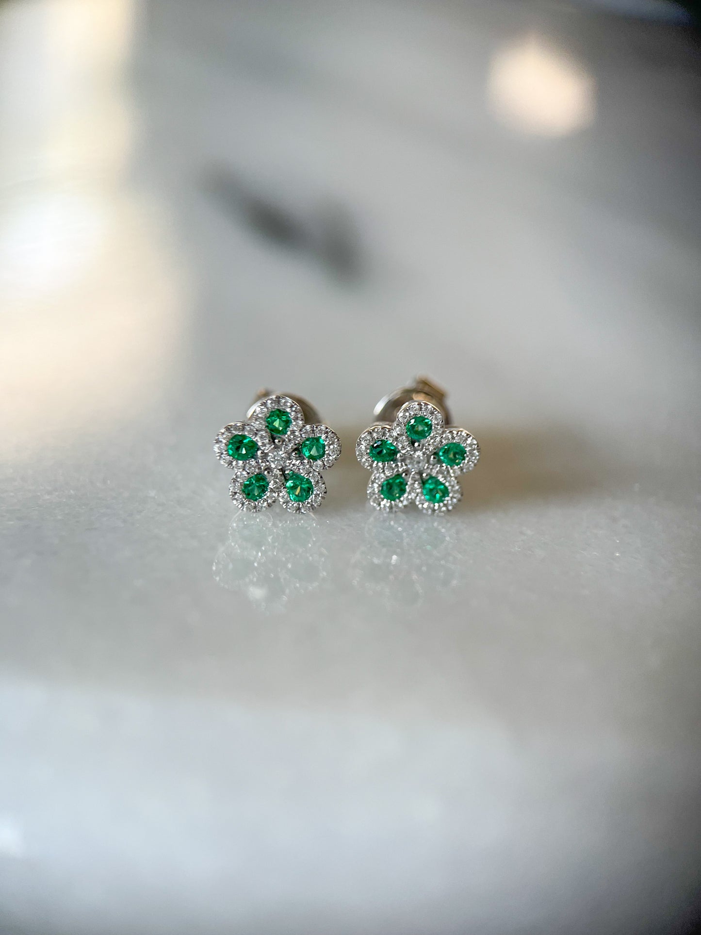 Natural Ruby, Sapphire, Emerald and Diamond 14k White Gold Flower Stud Earrings