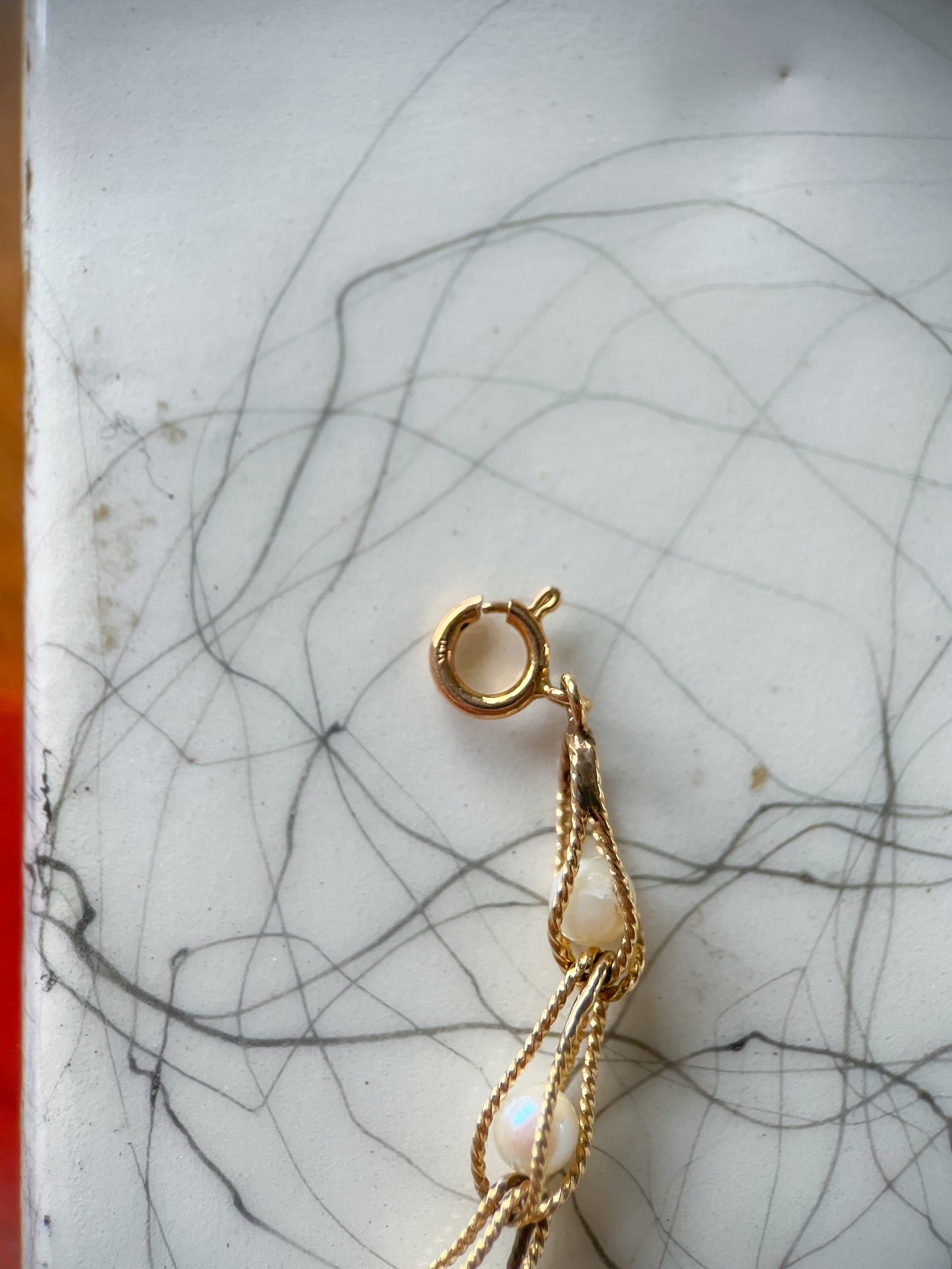 Vintage Natural Pearl and Open Chain 14k Yellow Gold 7 Inch Bracelet