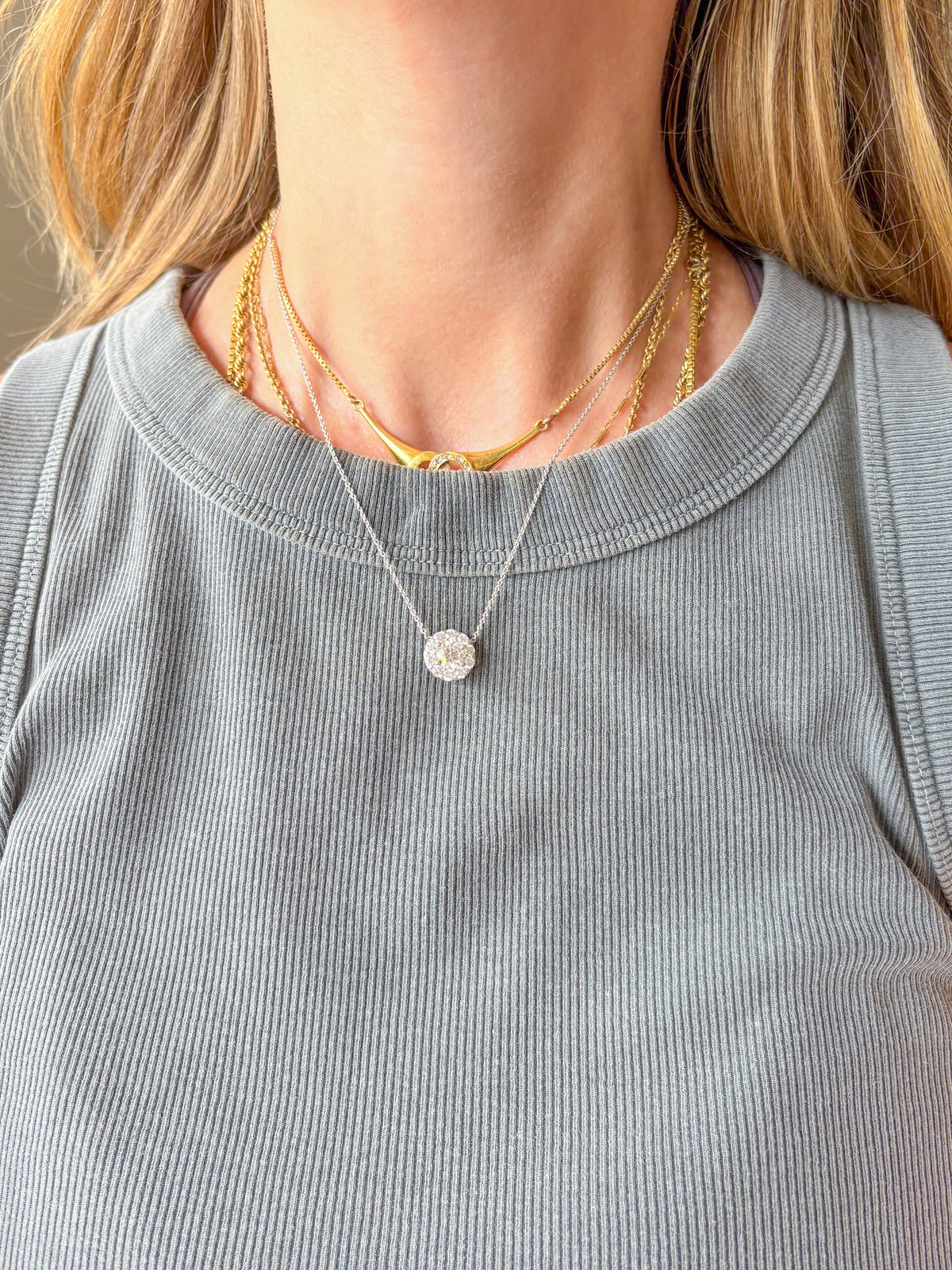 Lab Grown Diamond Halo Charm on Chain with 14k White Gold