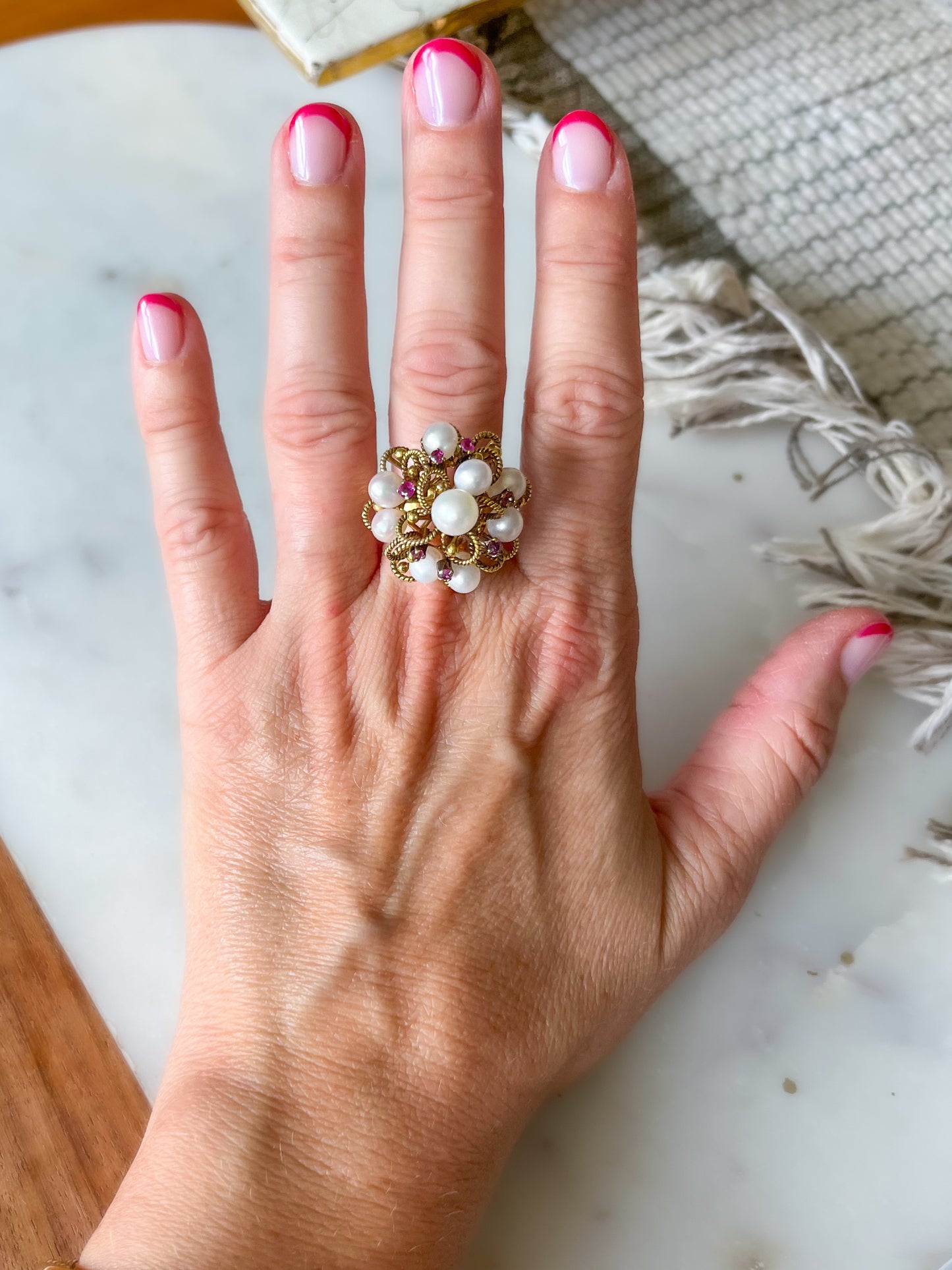 Vintage Cocktail Ring with Pearls and Rubies set in 14k Yellow Gold