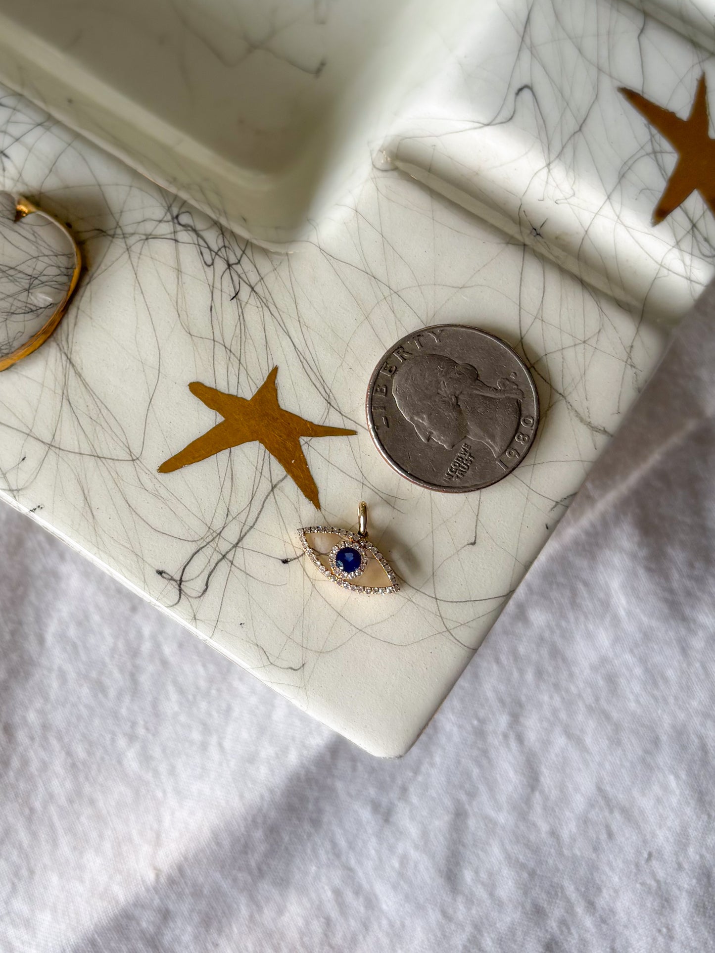 Natural Diamond and Sapphire Evil Eye 14k Yellow Gold Charm