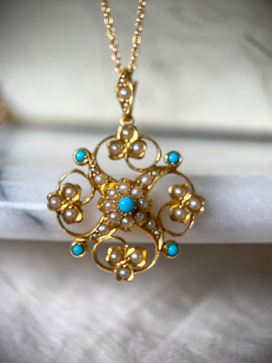 Vintage Turquoise and Pearl Pendant 14k Yellow Gold Charm
