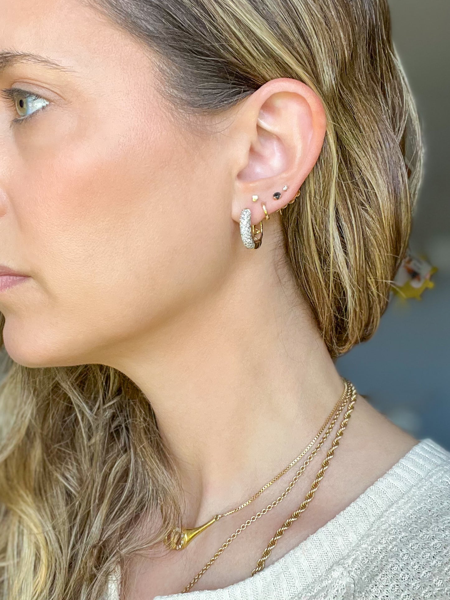 Natural Diamond Encrusted 14k Yellow Gold Huggie Earrings