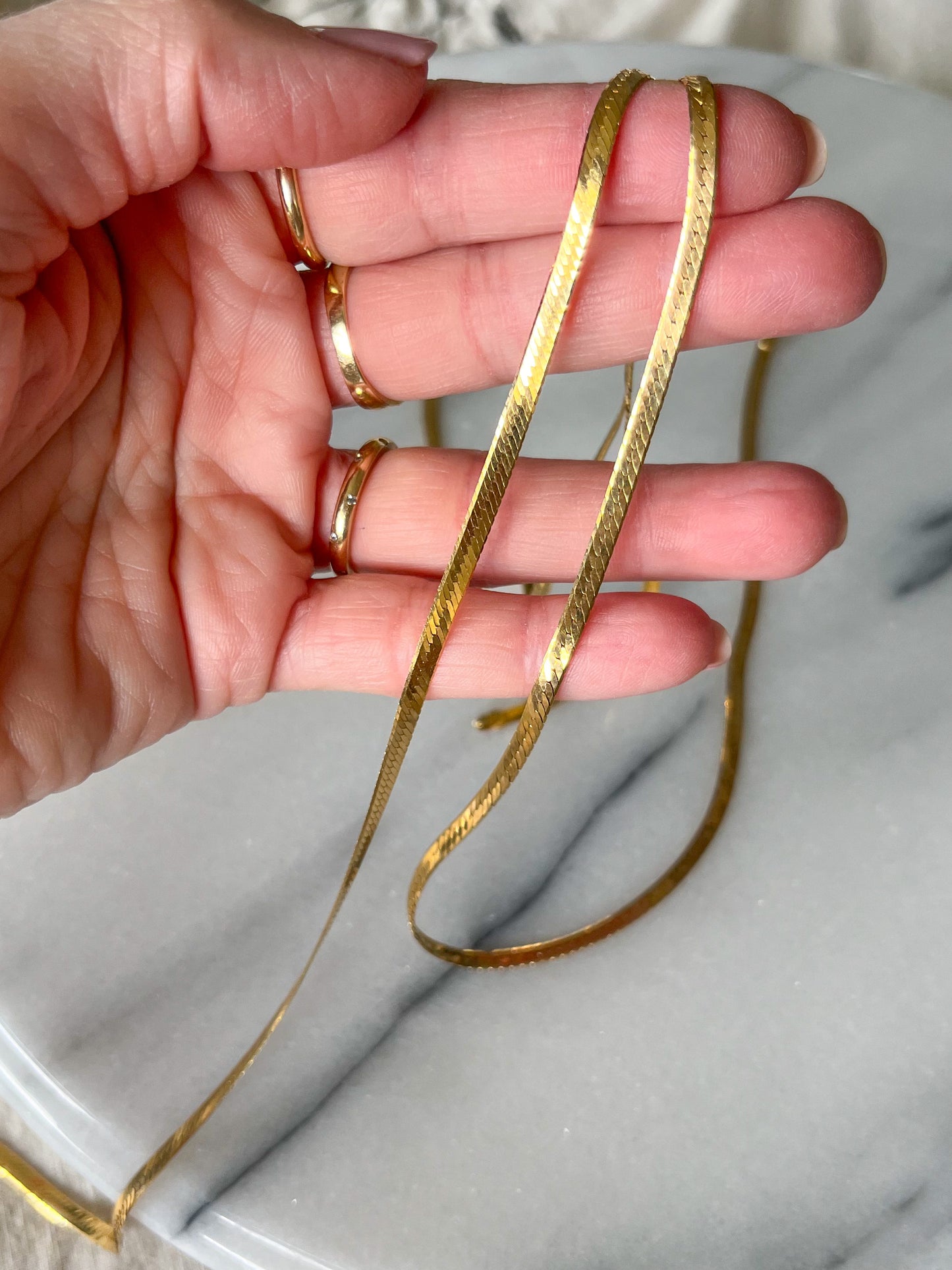 Vintage Herringbone Chain Necklaces 14k Yellow Gold - Two Lengths