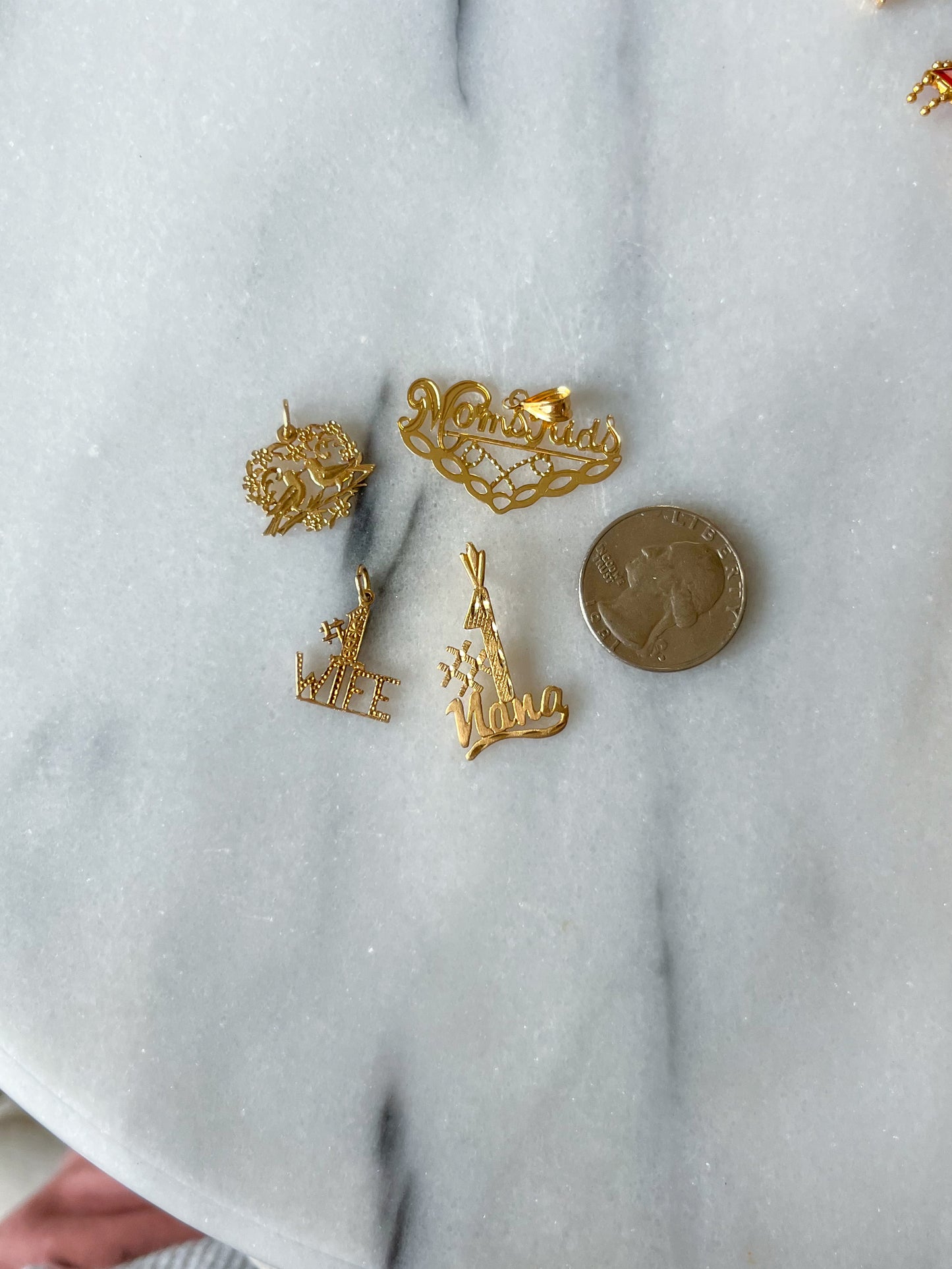 Various Vintage Charms "Mom and Kids" and Birds 14k Yellow Gold Charms