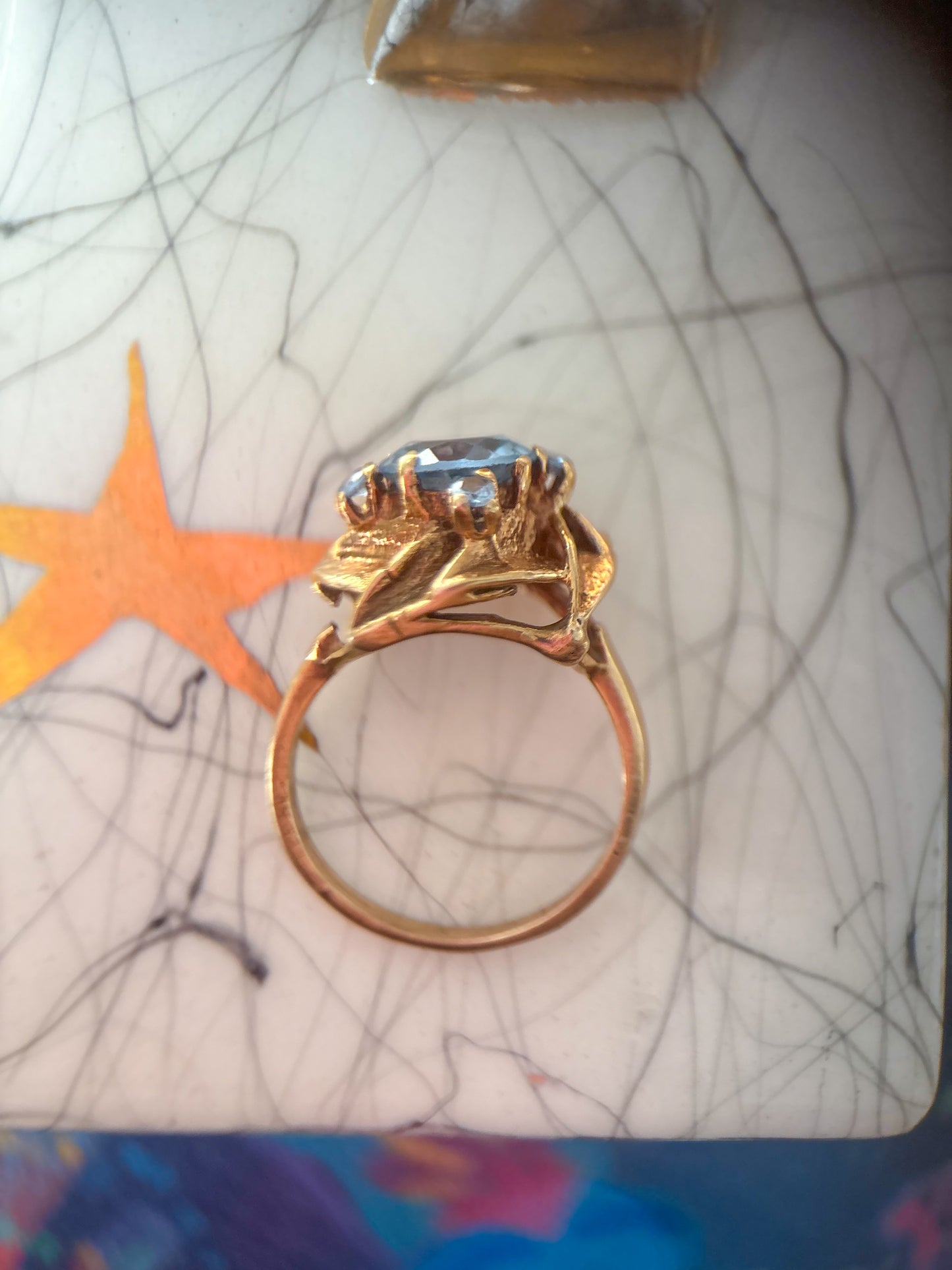 Vintage Natural Aquamarine Rose 14k Yellow Gold Ring