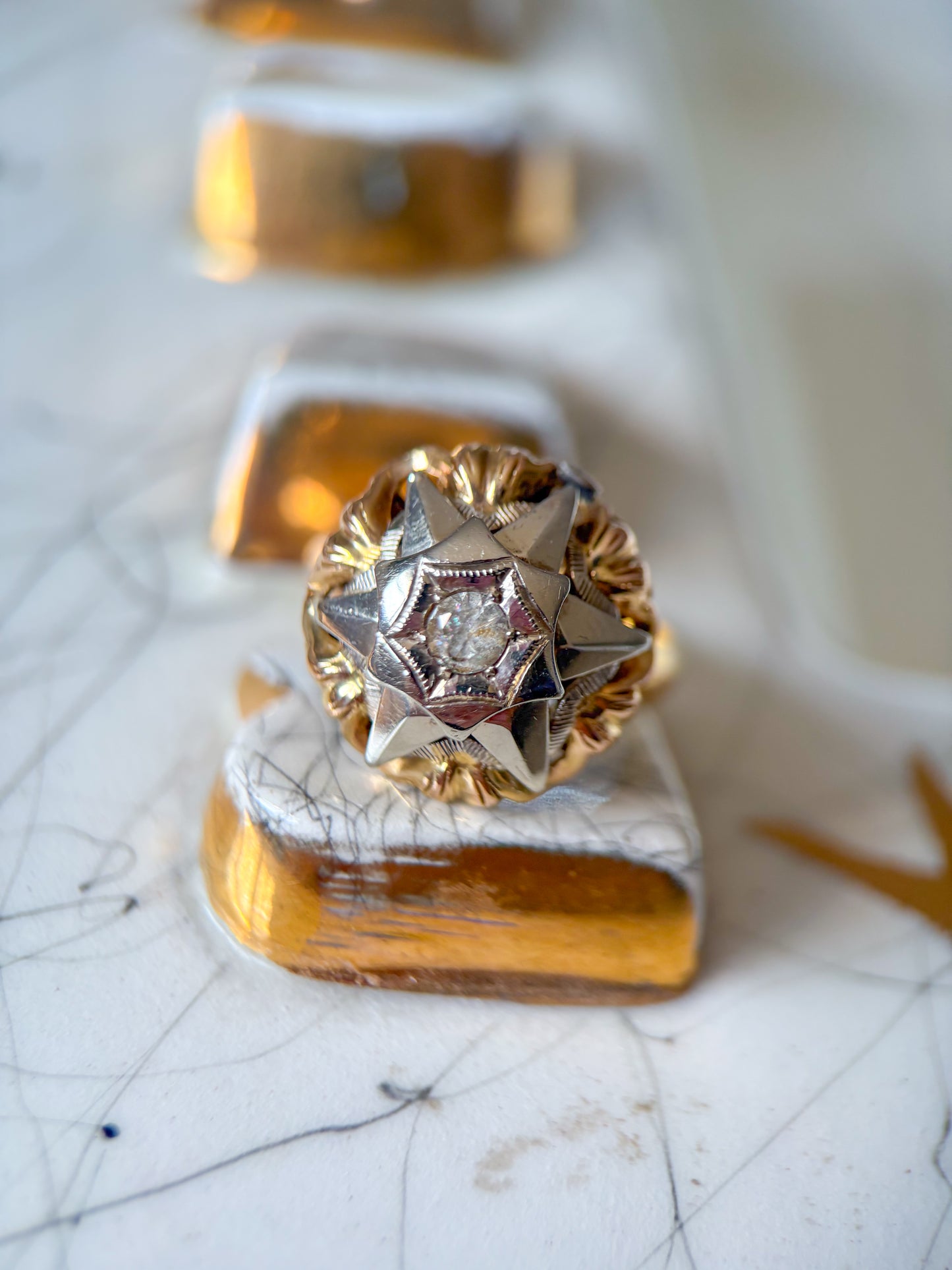 Vintage Donut Band 18k Yellow Gold Statement Ring with CZ