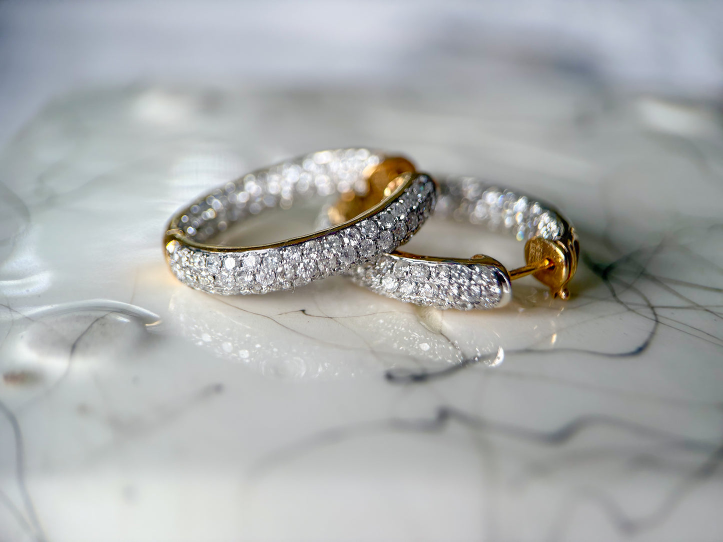 Natural Diamond Encrusted 14k Yellow Gold Large Oval Hoops with Heart Cut Outs