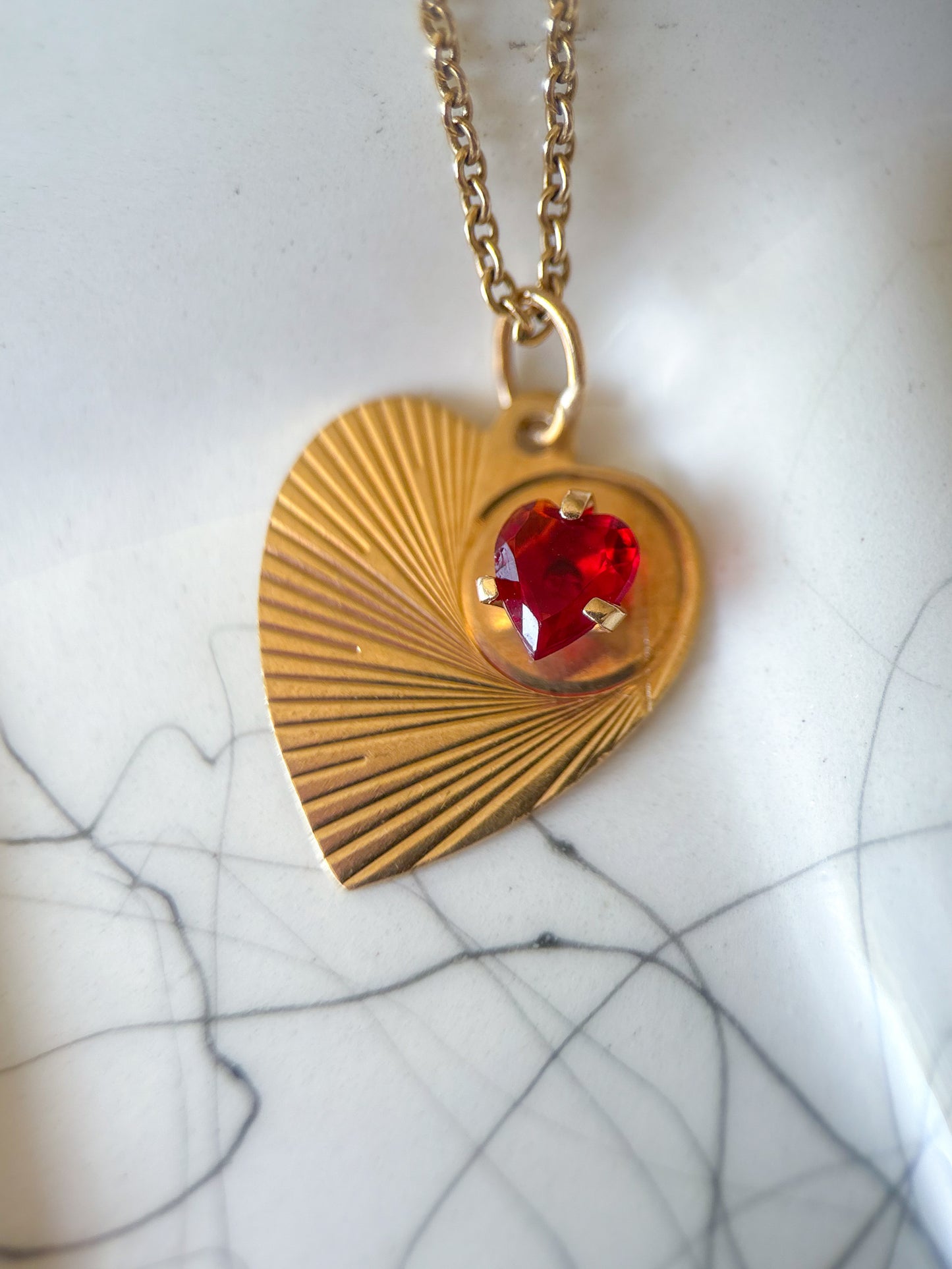 Vintage Engine Turned Heart 14k Yellow Gold Charm with Red Stone