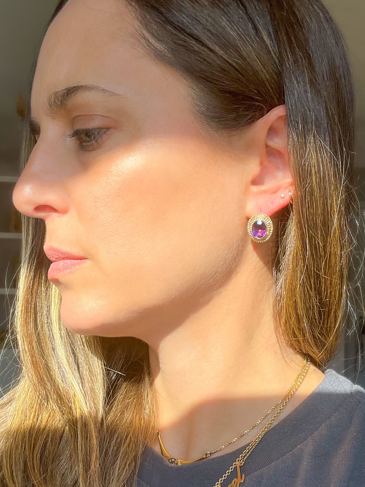 Vintage Natural Oval Amethyst 14k Yellow Gold Earrings, circa 1980s