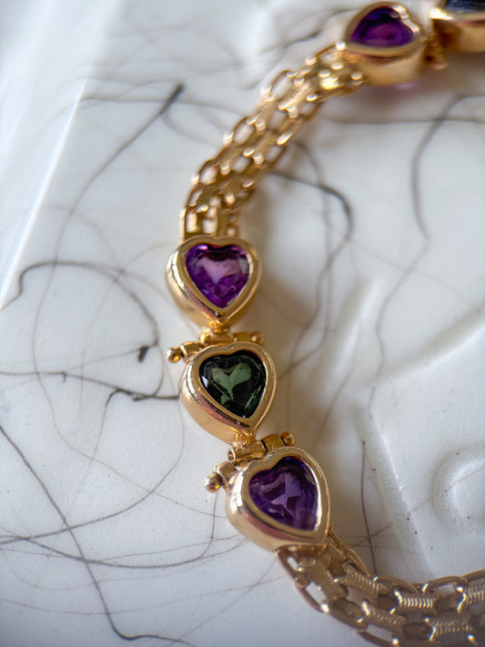 Vintage Heart Amethyst 14k Yellow Gold 8 Inch Bracelet