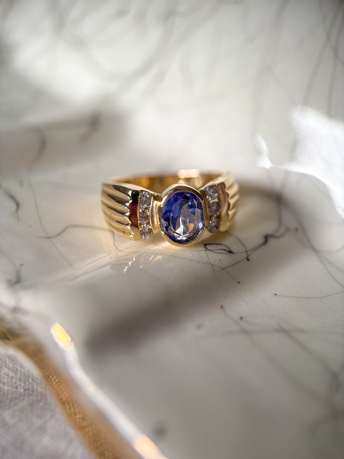 Vintage Natural Tanzanite and Natural Diamond 14k Yellow Gold Ring