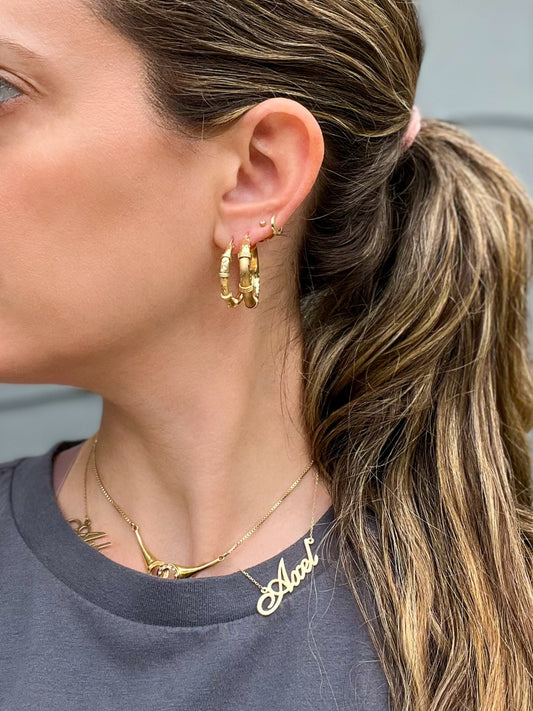14k Yellow Gold Decorative Tube Hoop Earrings - Two sizes