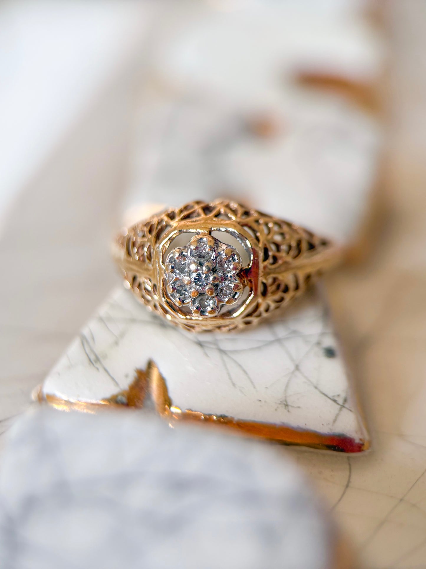 Vintage Natural Diamond 14k Yellow Gold Filigree Pinky Ring
