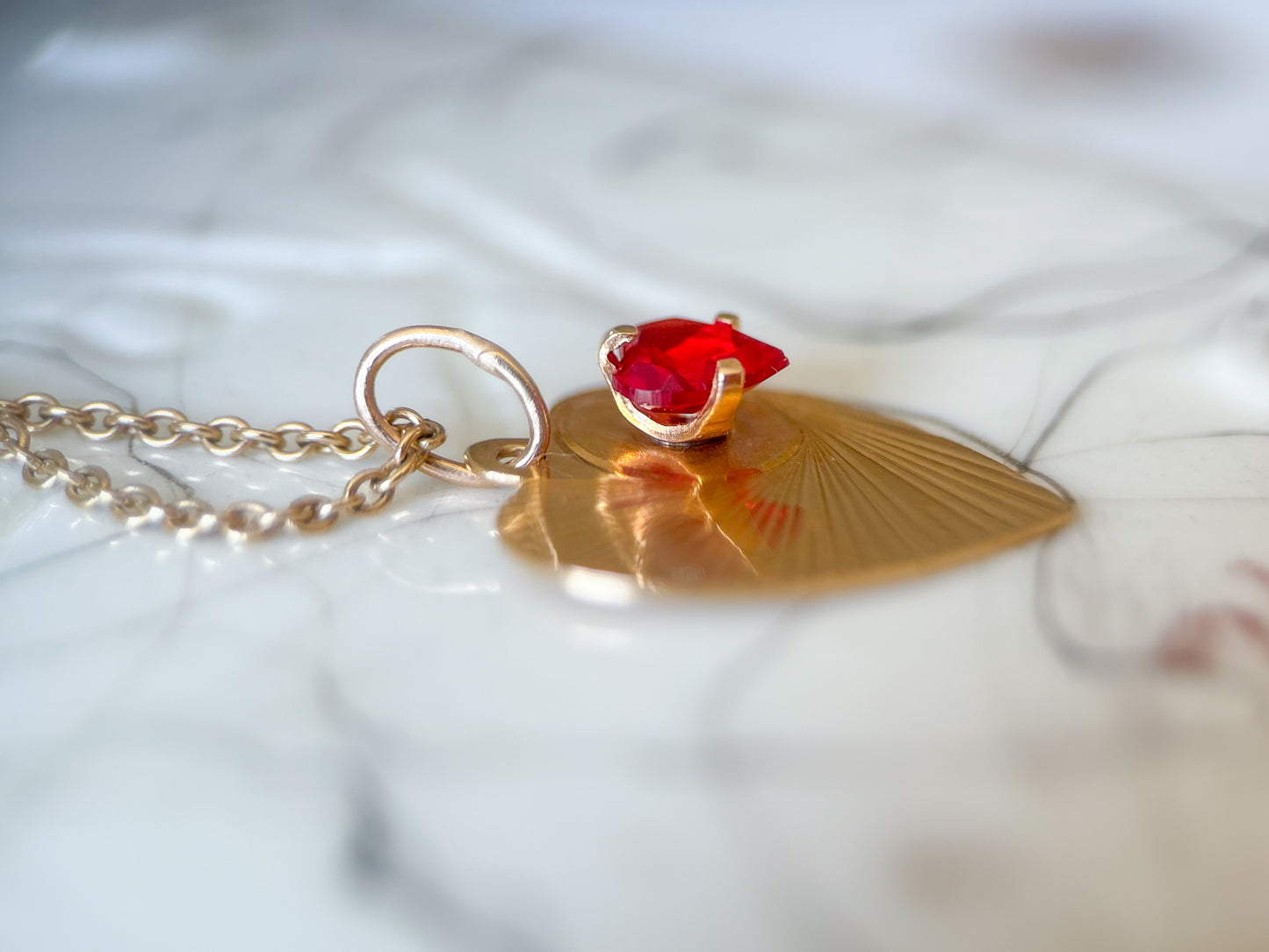 Vintage Engine Turned Heart 14k Yellow Gold Charm with Red Stone