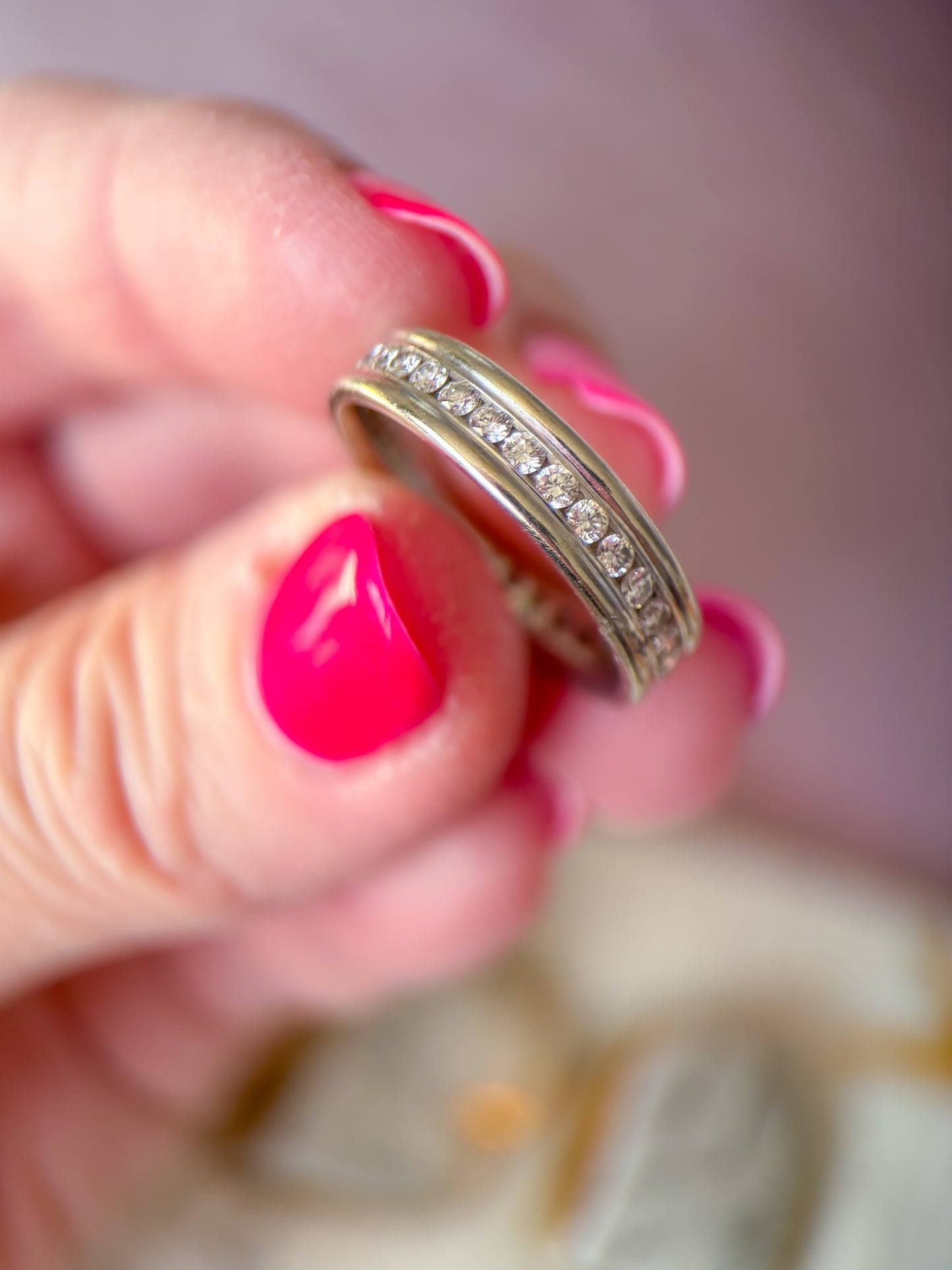 Vintage Natural Round Channel Setting 14k White Gold Eternity Band, Size 6.25