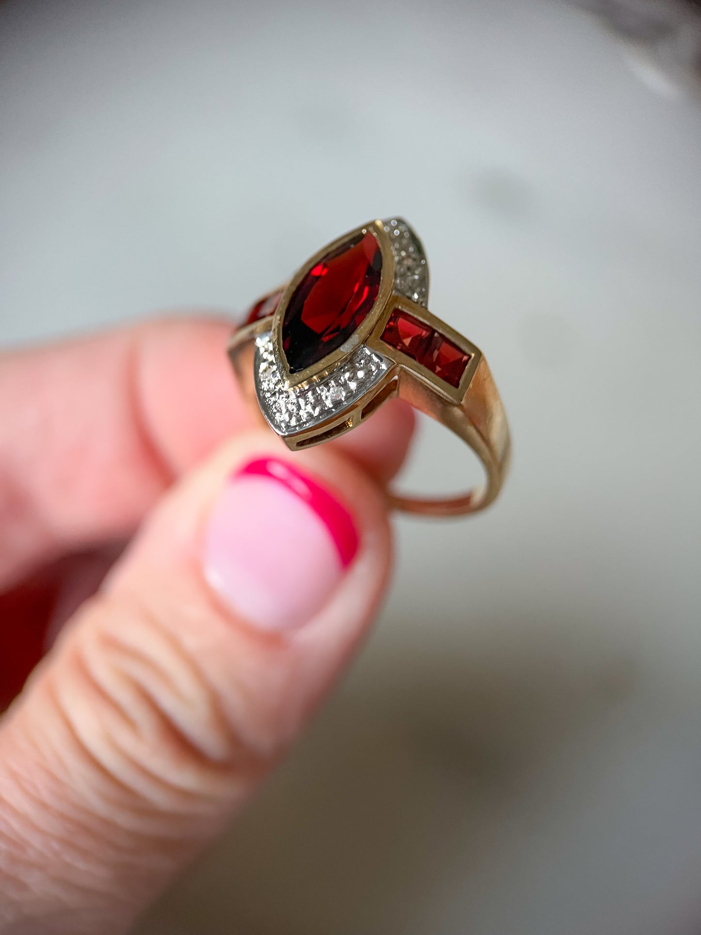 Vintage Natural Marquise Garnet and Diamond 10k Yellow Gold Ring