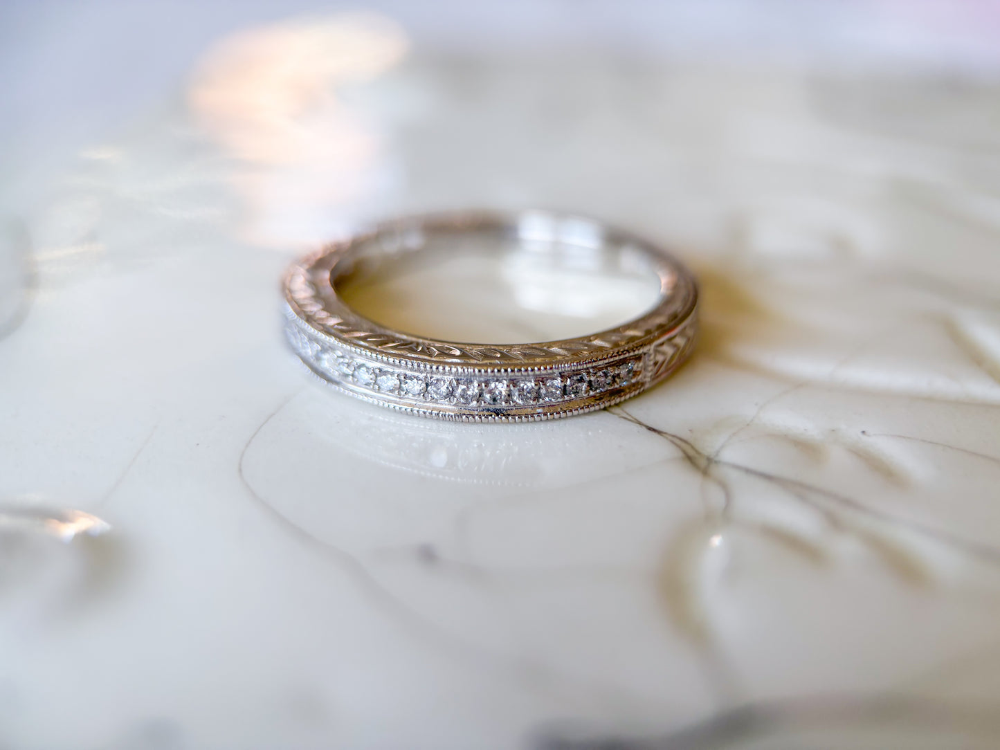 Vintage Natural Diamond 18k White Gold Band, Size 7 1/4