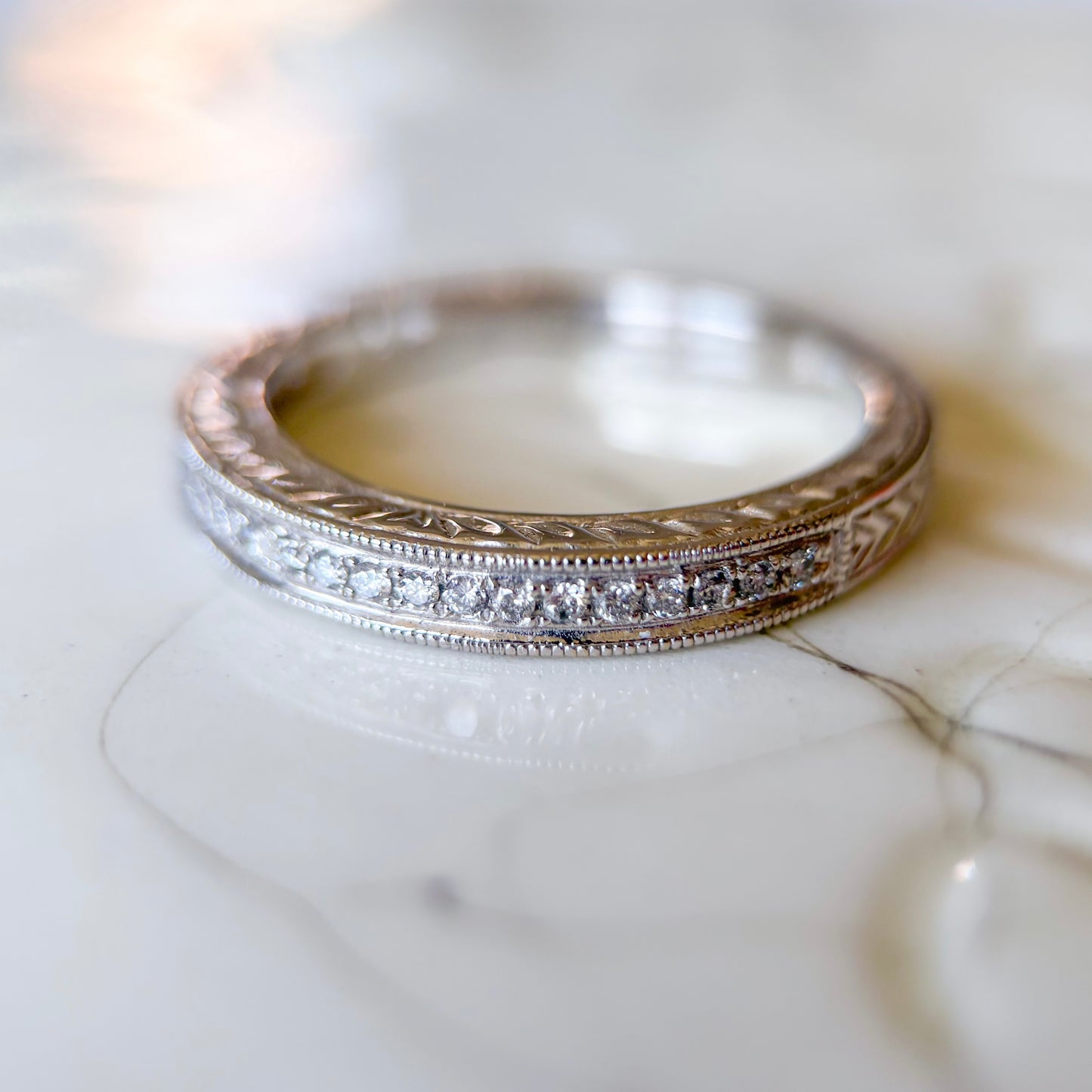 Vintage Natural Diamond 18k White Gold Band, Size 7 1/4