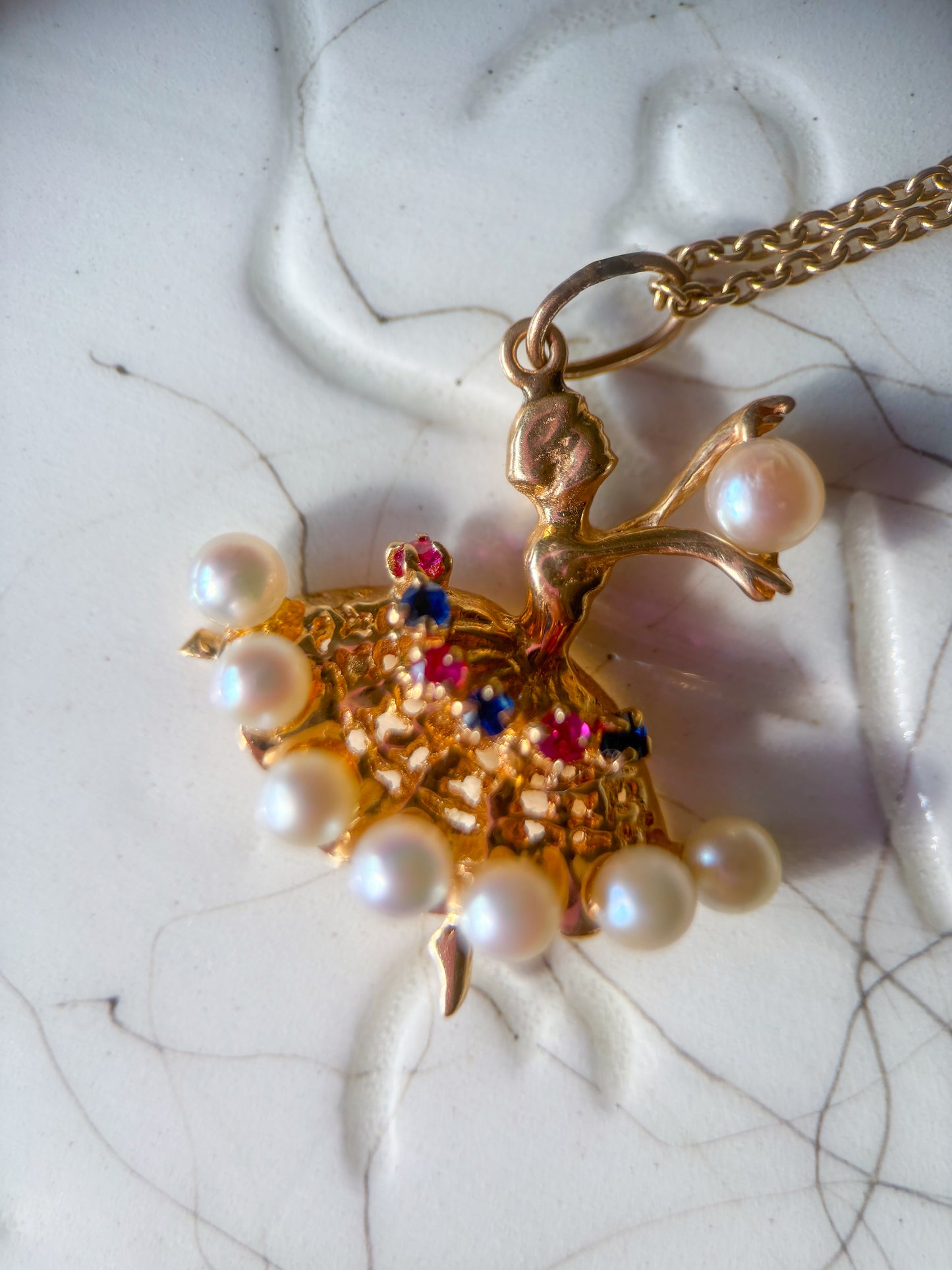 Vintage Ballerina with Natural Rubies, Sapphires and Pearls 14k Yellow Gold Charm