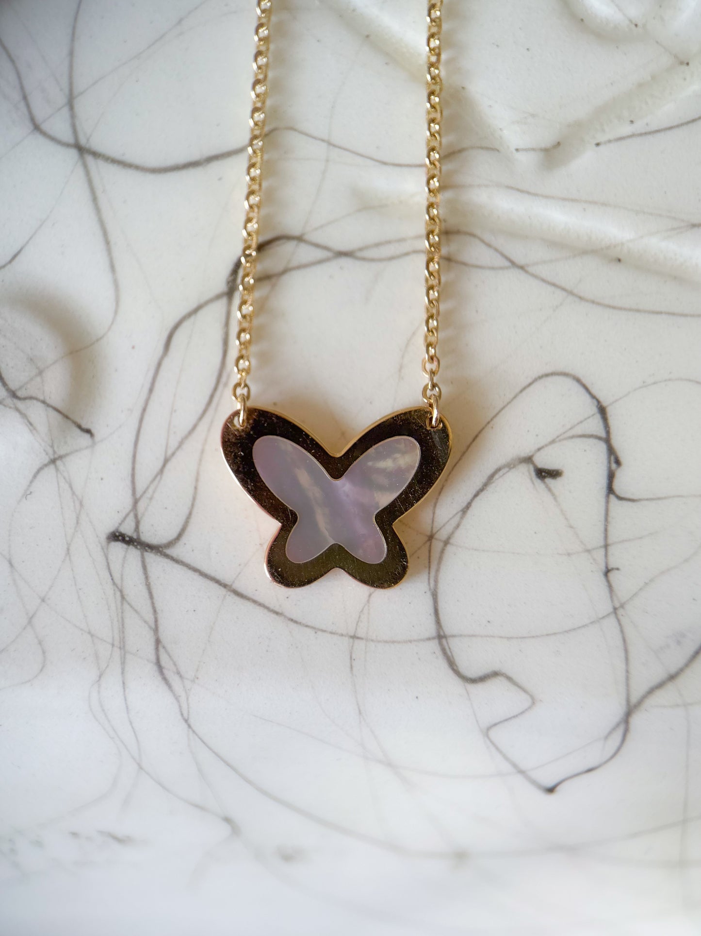 Vintage Mother of Pearl Butterfly Charm on 14k Yellow Gold Chain