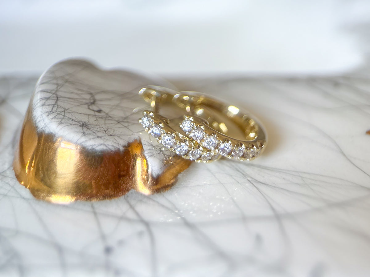 Vintage Small Natural Diamond Huggies 14k Yellow Gold Hoops
