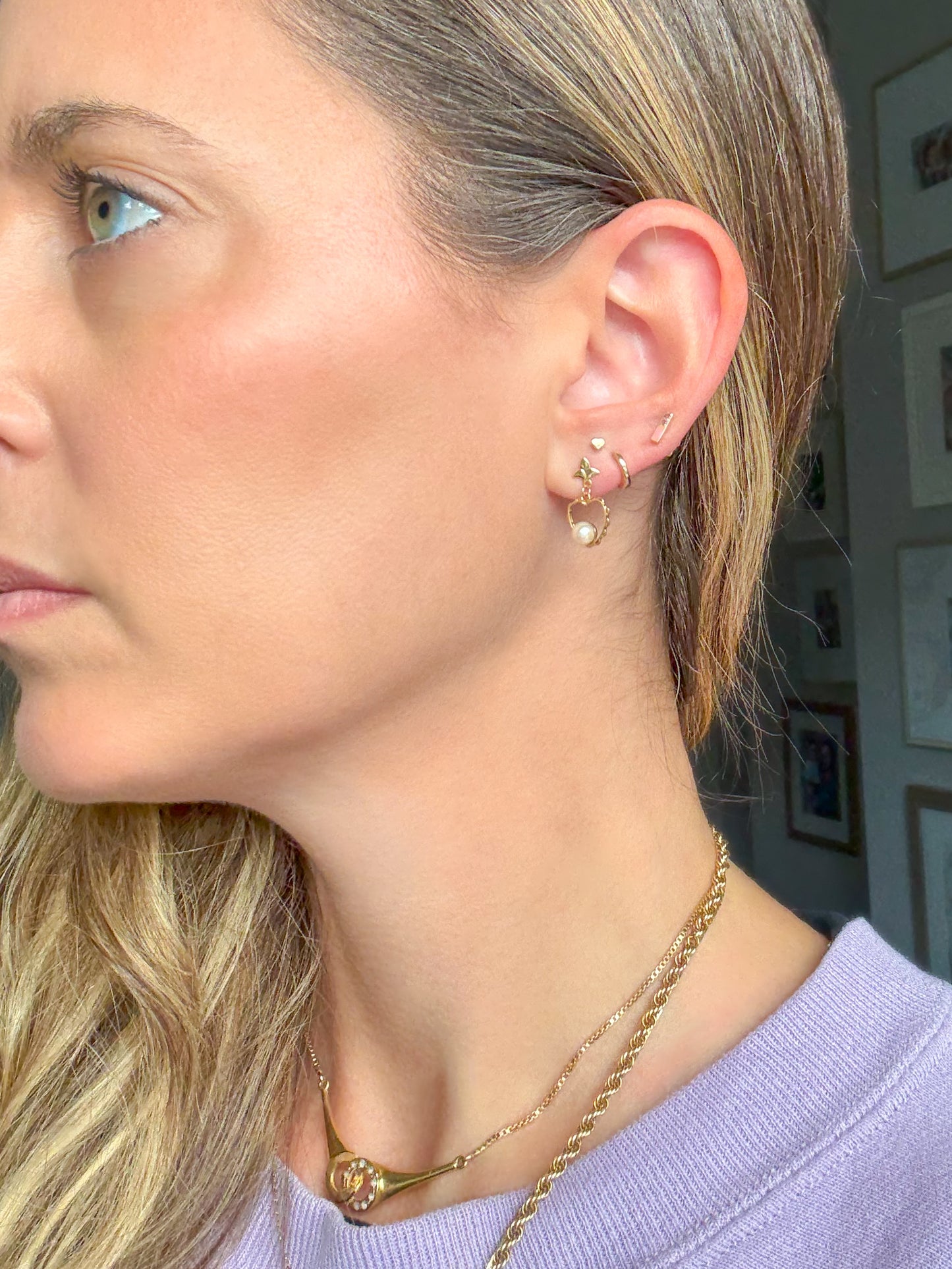 Vintage Heart and Pearl 14k Yellow Gold Drop Earrings