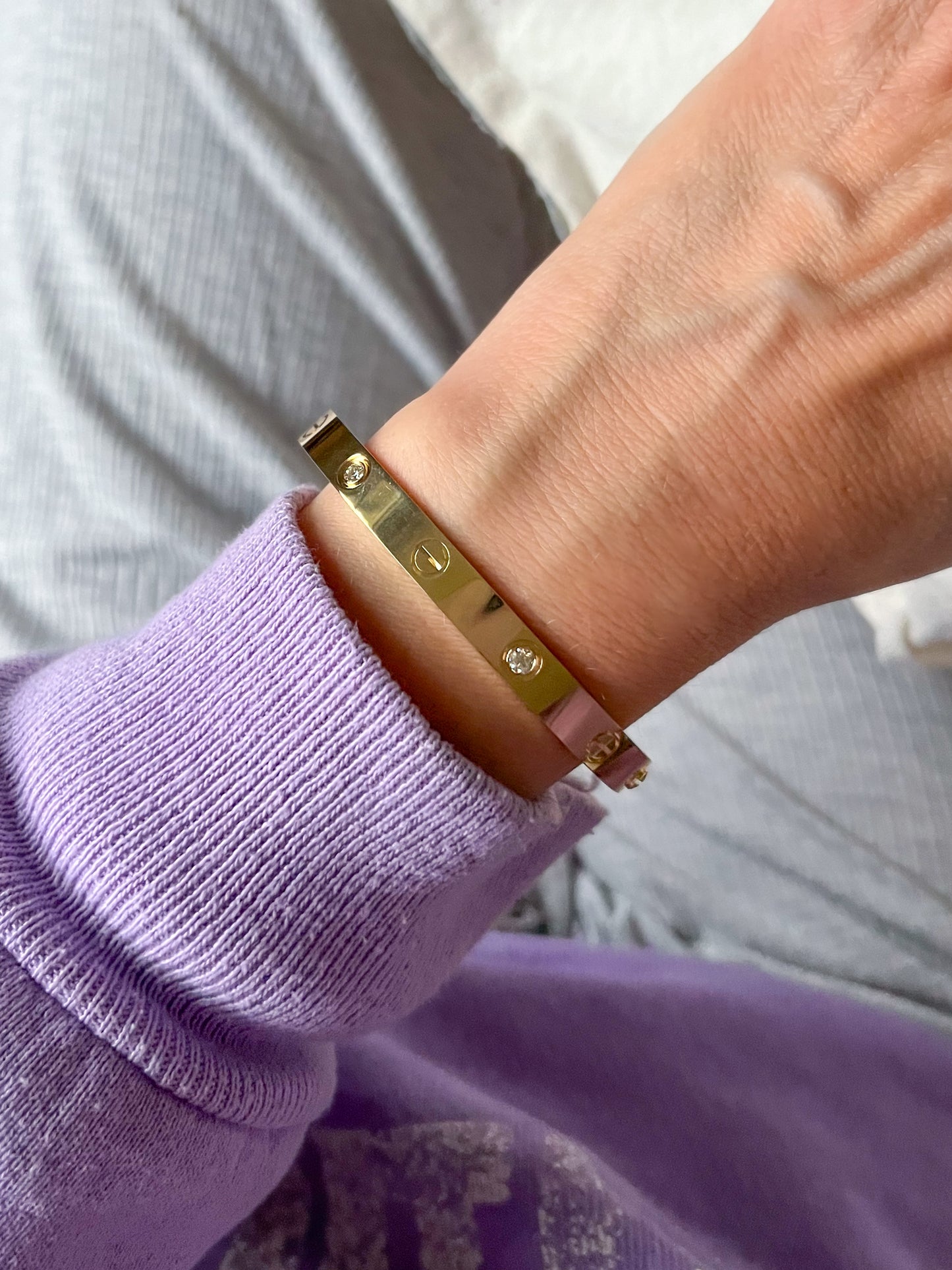 Size 19 18k Yellow Gold Solid Screw and Natural Diamond Bangle