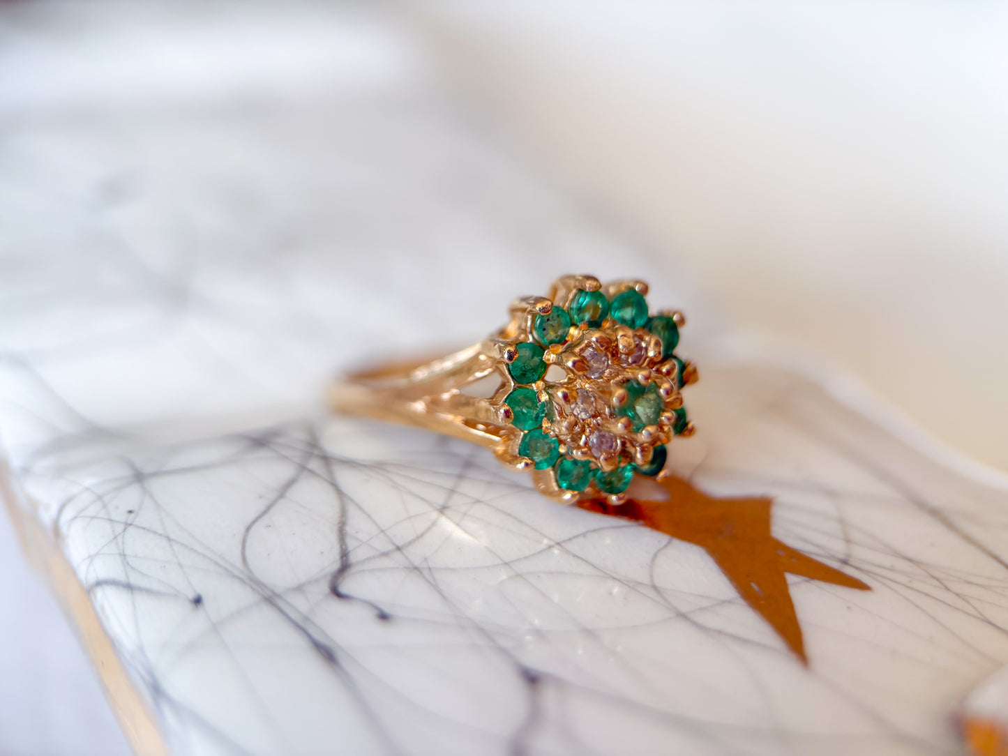 Vintage Natural Emerald and Diamond Cluster 14k Yellow Gold Ring