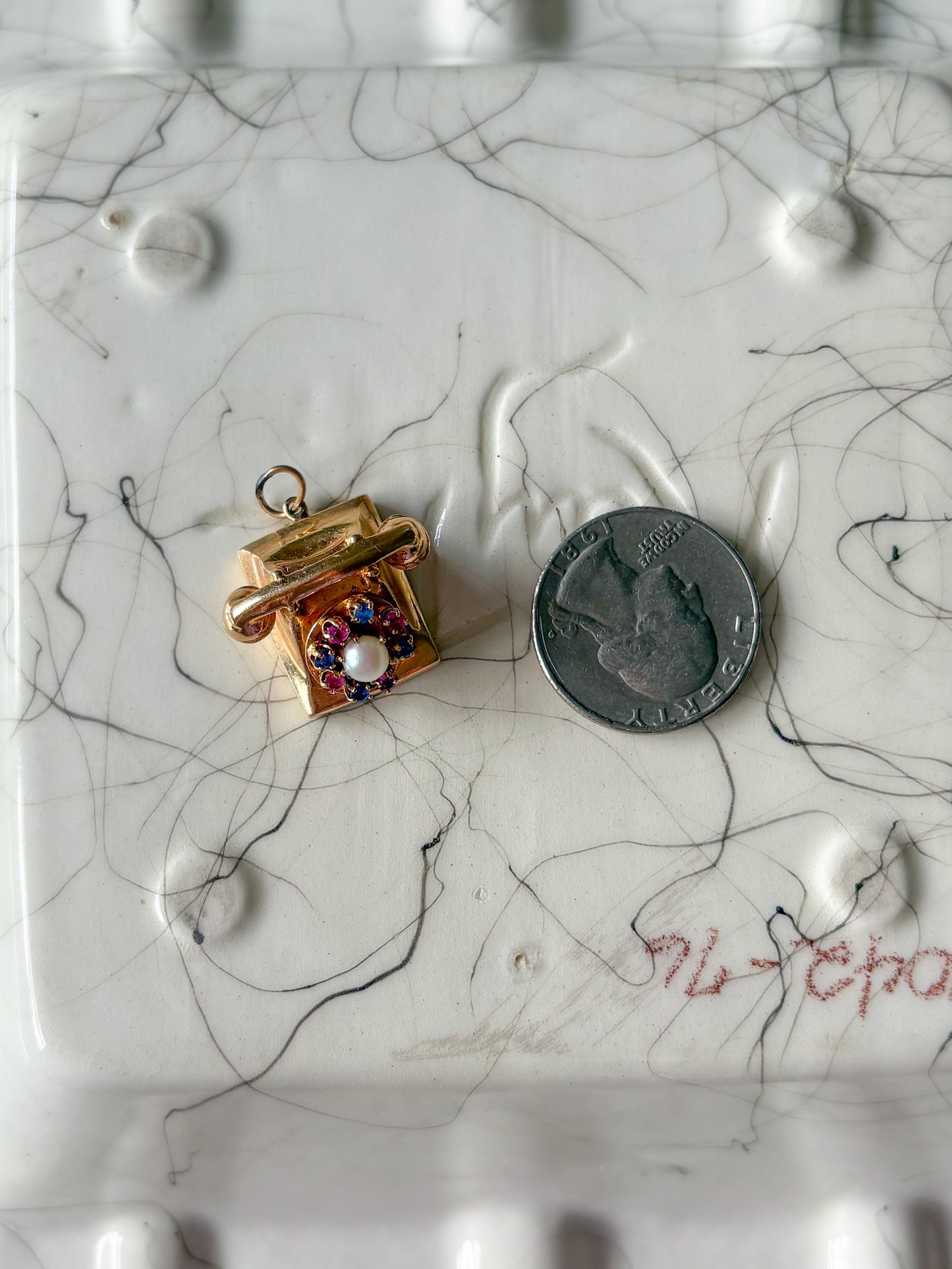 Vintage Telephone with Natural Rubies, Sapphires and a Pearl 14k Yellow Gold Charm
